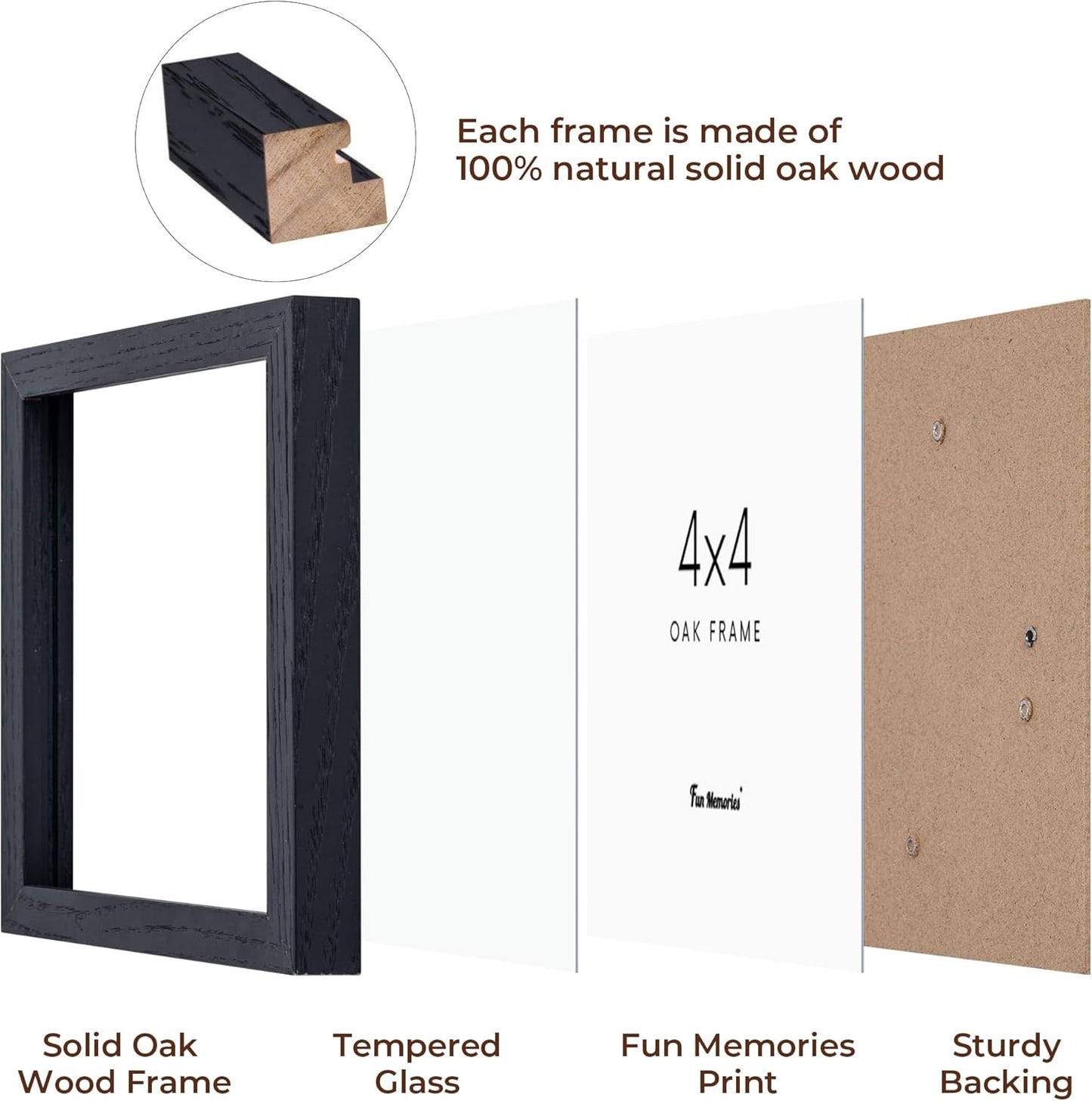4x4 Picture Frame, Solid White Oak Wood Frame 4 by 4, 4 x 4 Square Photo Frame with Tempered Real Glass, Rustic Wooden Frame 4"x4" for Wall & Tabletop Display, Black Color, Set of 2