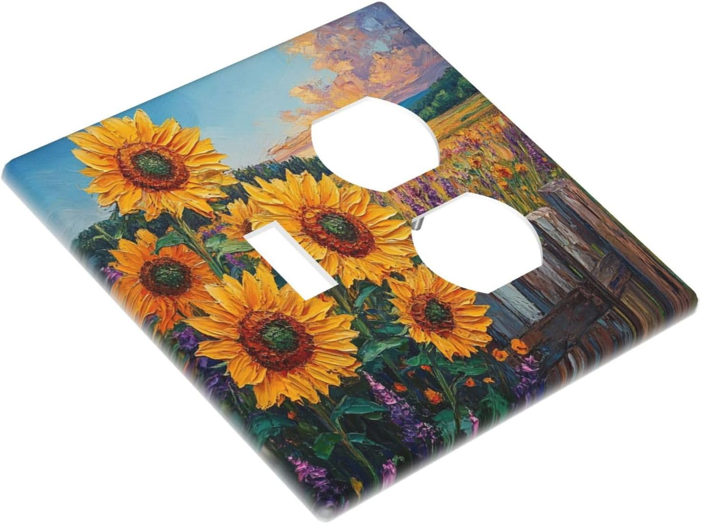 Decorative Outlet Covers Rustic Wilderness Sunflower Lavender Muzha Oil Painting 2 Gang Wall Plate Cover Single Toggle Duplex Combo Light Switch Cover Plate Faceplate