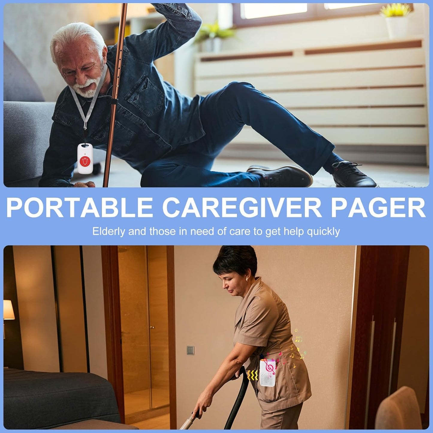 Caregiver Pager, Rechargable Wireless Call Button 2000+ Feet, 5 Alert Modes, 58 Melodies, SOS Alert Nurse Calling System for Patien Elderly Monitoring at Home, 2 SOS Button + 1 Receiver