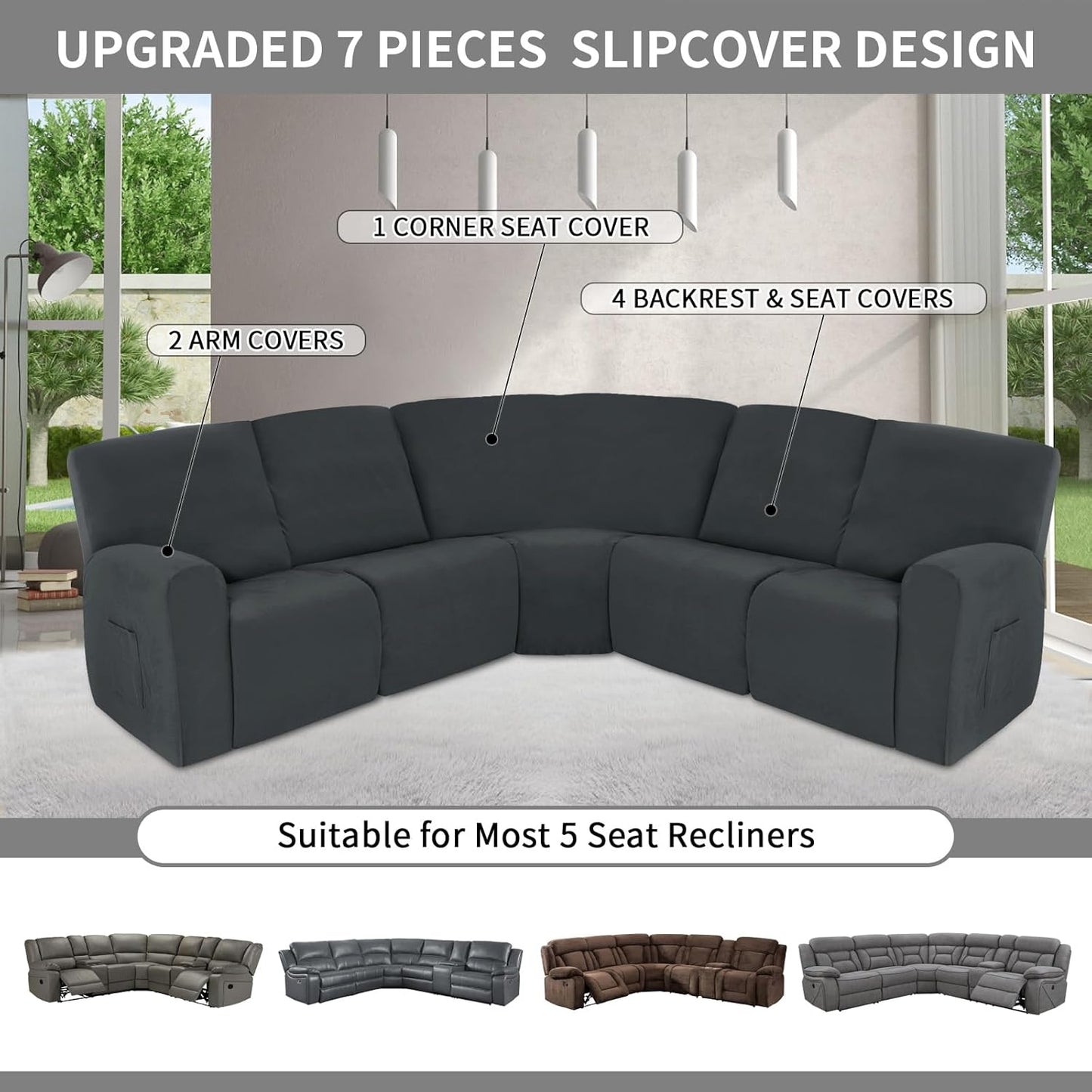 Easy-Going 100% Waterproof Recliner Cover, Stretch Couch Covers for Reclining Couches, Extra Large Sectional Sofa Slipcover, L-Shape Furniture Protector for Kids & Pets, 5 Seater, Dark Gray