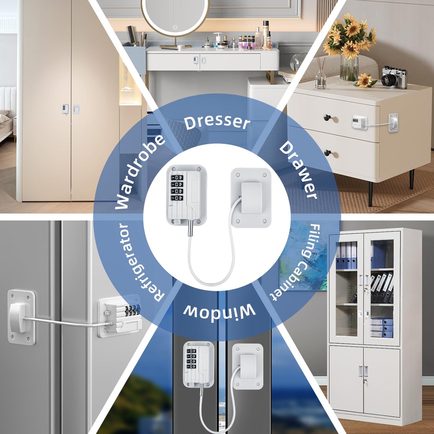 Refrigerator Lock, Heavy Duty Fridge Locks for Kids, Freezer Lock with Combination for Refrigerator Drawer Cabinet Safety, Easy to Install No Keys Needed White, 2 Packs