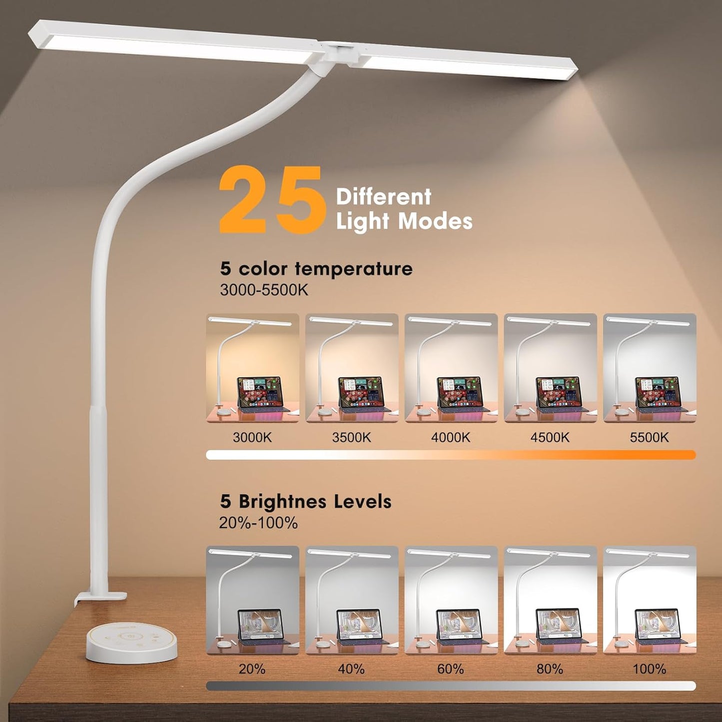 Led Desk Lamp for Office Home - Eye Caring Architect lamp with Clamp,Dual Screen Computer Monitor Work Smart Light: 24W 5 Color Flexible Adjustable Lighting Table Lamp for Study White