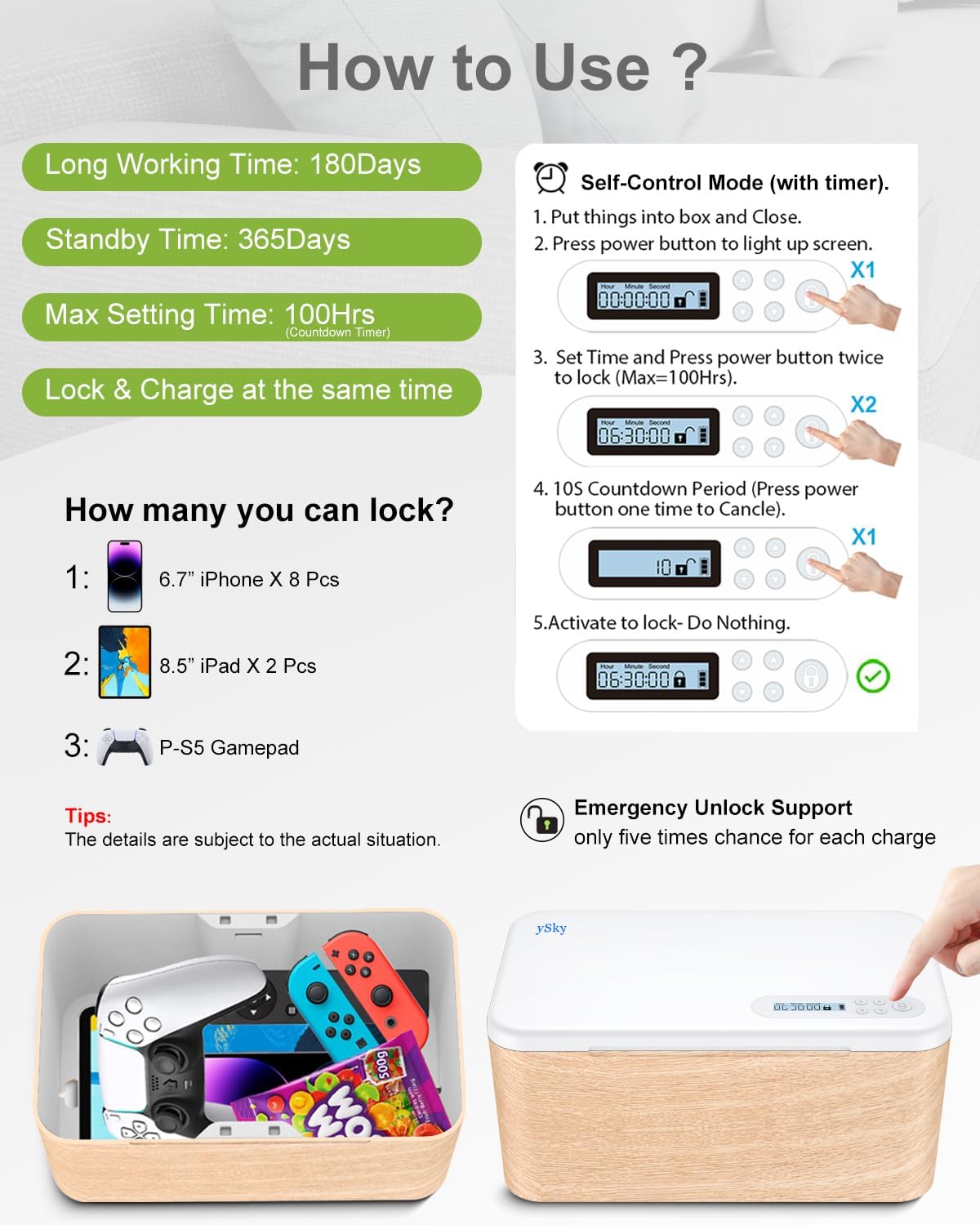 ySky Phone Lock Box with Timer,Safe Timed Lock Box Unplug from Phones,Video Games,Social Media,Snacks&Cravings,SelfControl Storage Box for 8.5 inch iPad,Time Locker Box(woodgrain)