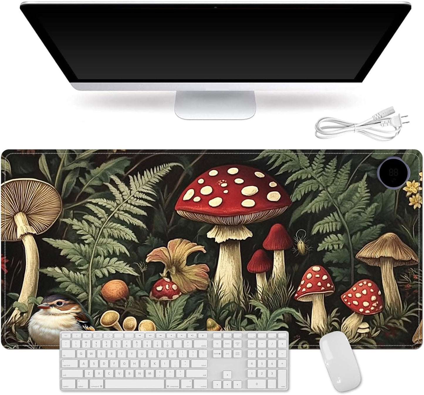 Small Heated Desk Pad 23.6" x 14.2" – Compact Electric Mouse Pad with 3 Heating Levels, Auto Shut-Off, Waterproof PU Surface, Plug-in Warmer for Office or Home Use, Forest Mushrooms