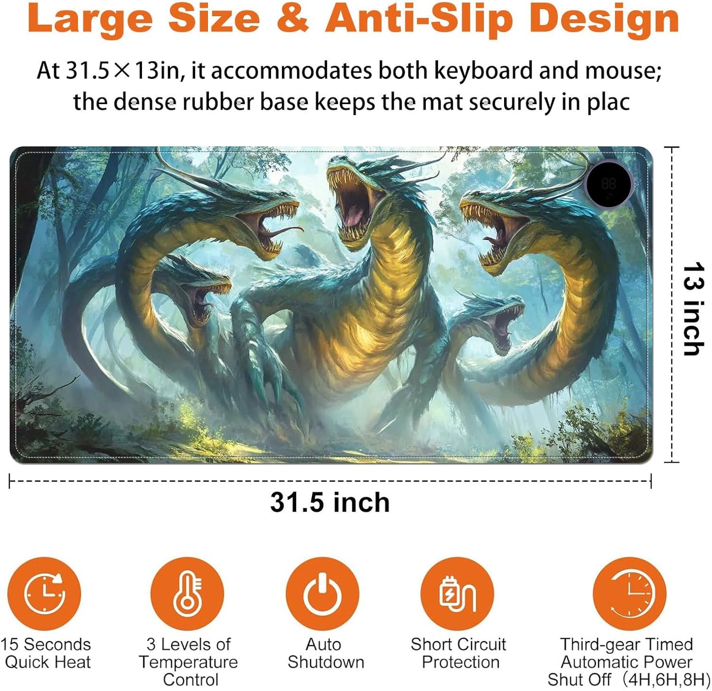 Heated Mouse Pad for Desk 31.5" x 13" – PU Leather Warm Desk Pad with 3 Heat Levels (104°F/113°F/122°F), Plug-in Electric Heating Mat with Auto Shut-Off, Waterproof & Rollable, Serpent Beast