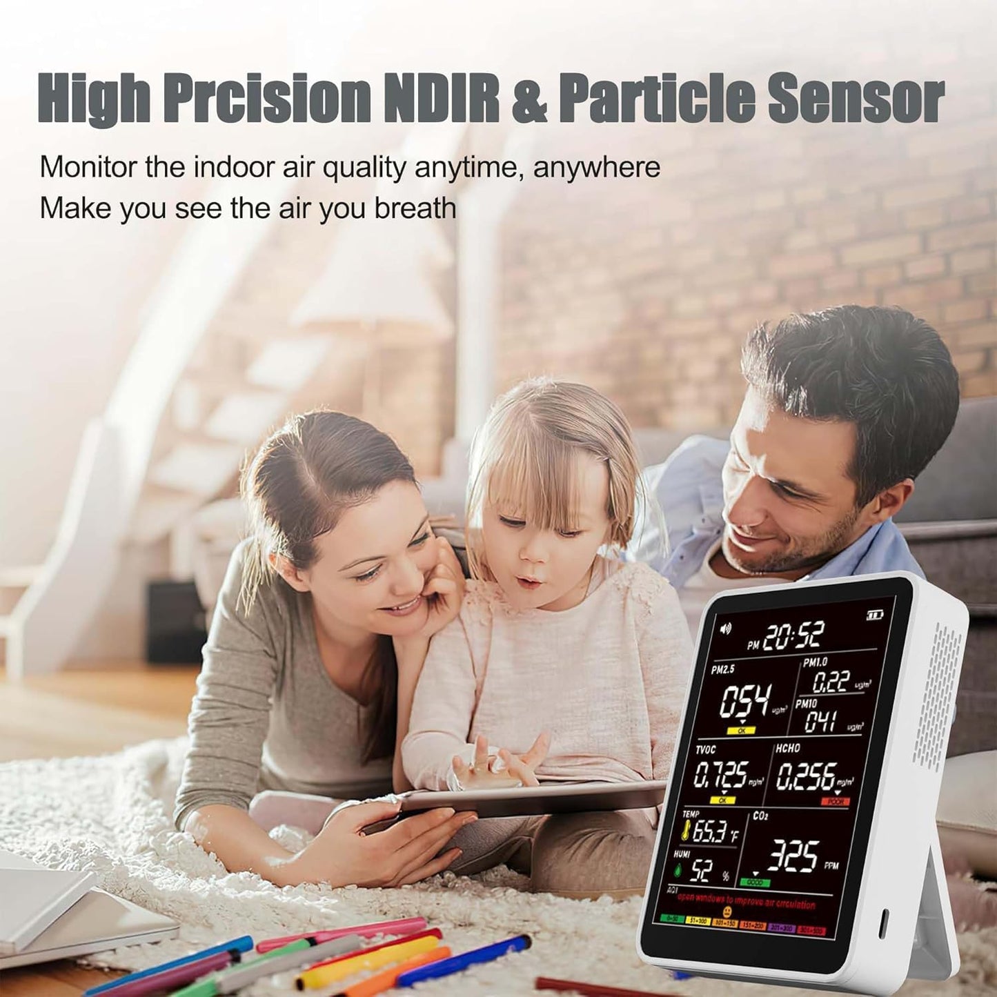 Professional Indoor Air Quality Monitor with AQI Alarms, Portable Real-Time Detector for Home Cars Plants and Pets (Cold White)