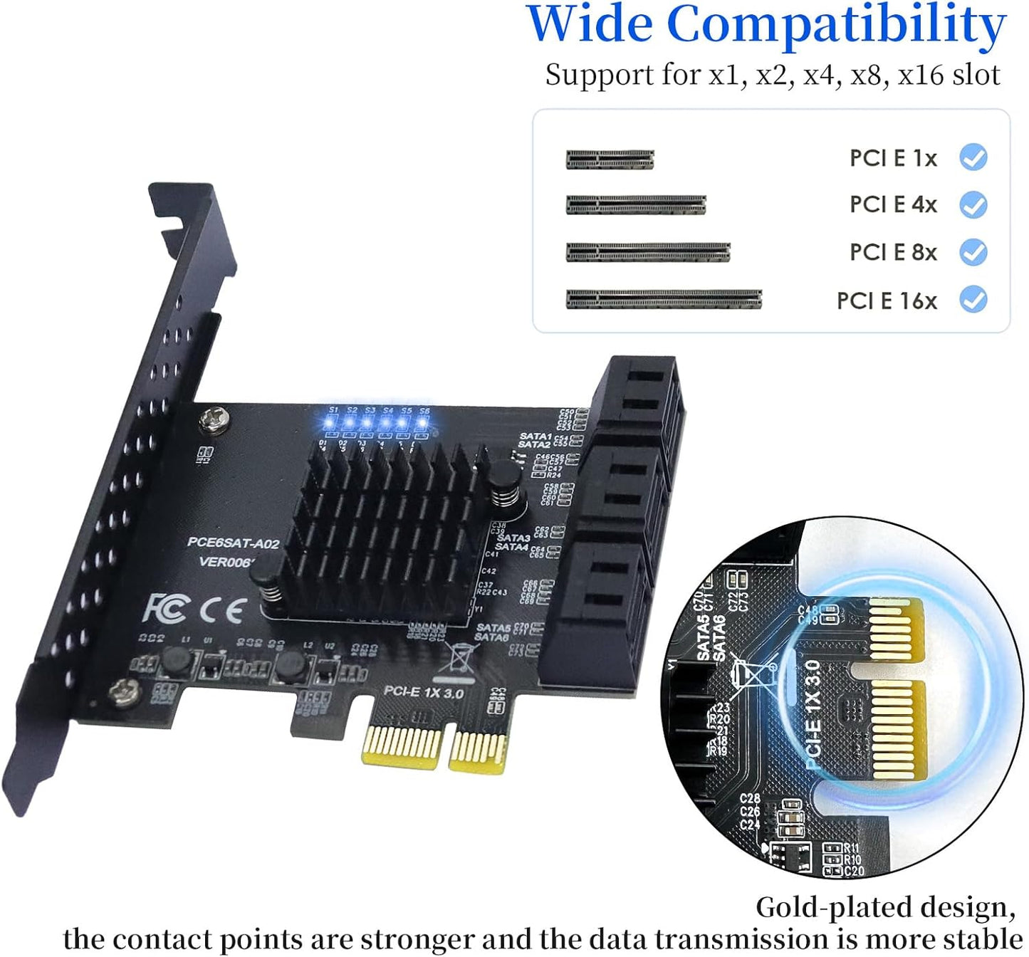 PCI-E 1X to SATA 3.0 Controller Card, 6-Port SATA III 6Gbps Expansion Card Supports PCI-Express (1x/4x/8x/16x) Slots Compatible with SSDs and HDDs, for Windows/XP/MAC/Linux Systems
