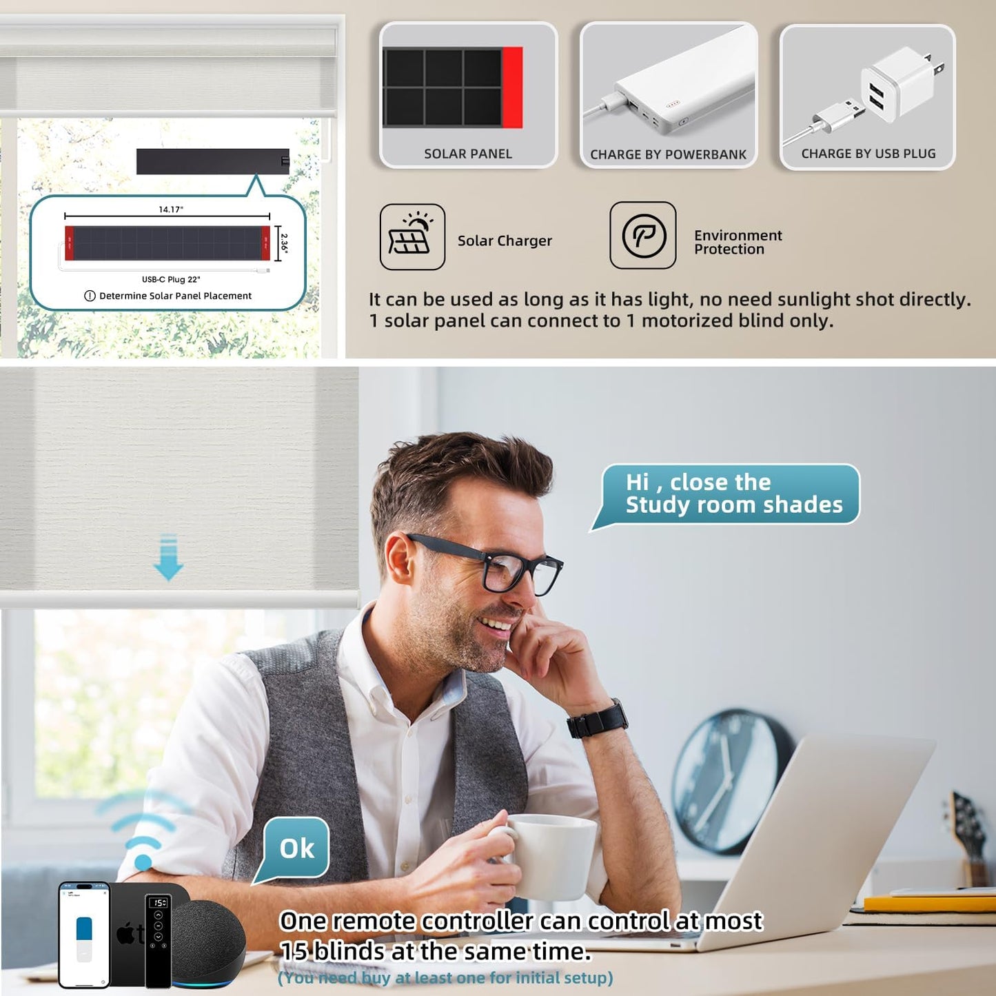 SmartWings Motorized Light Filtering Shades, 70% Blackout, Custom Size, Rechargeable Battery, Works with Matter/Apple HomeKit, Alexa, Thread/Zigbee, Remote Optional, 70% Safari Ivory