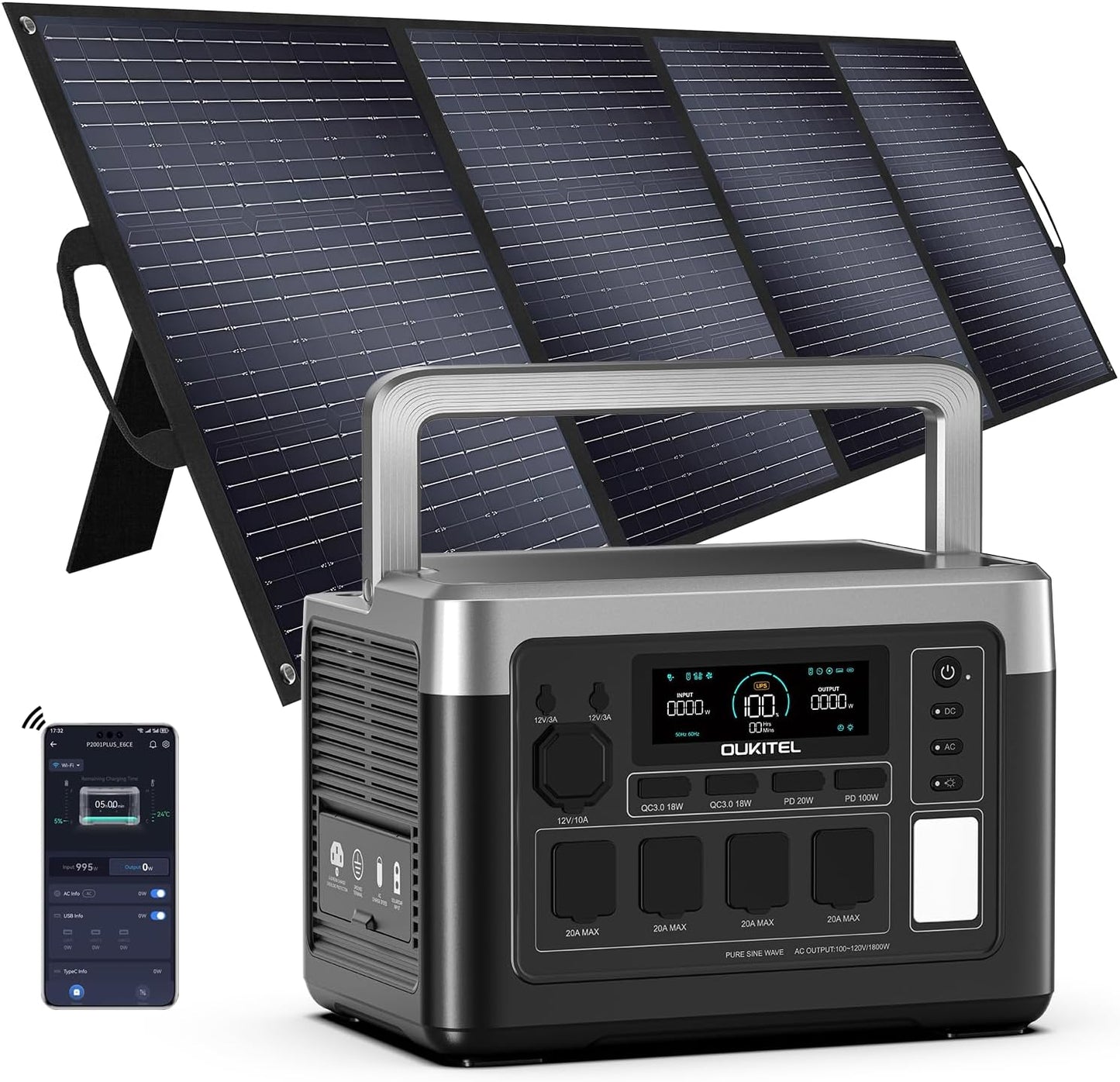 OUKITEL P1000 Plus 1024Wh Solar Generator with 4 AC Outlets (3600W Peak), 1800W Power Station with 400W Solar Panel, 1200W Fast Charging, APP Control Battery Backup for Home, Camping & RVs