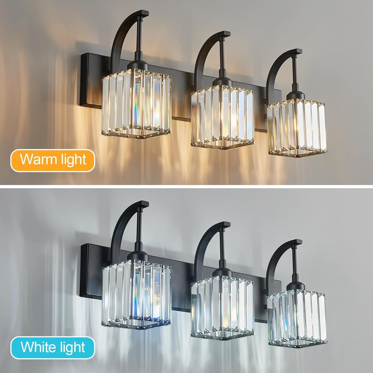 Crystal Vanity Lights 3-Light Black Bathroom Vanity Lights Modern Crystal Bathroom Light Fixtures Over Mirror 23.62" Long Vanity Light for Bathroom