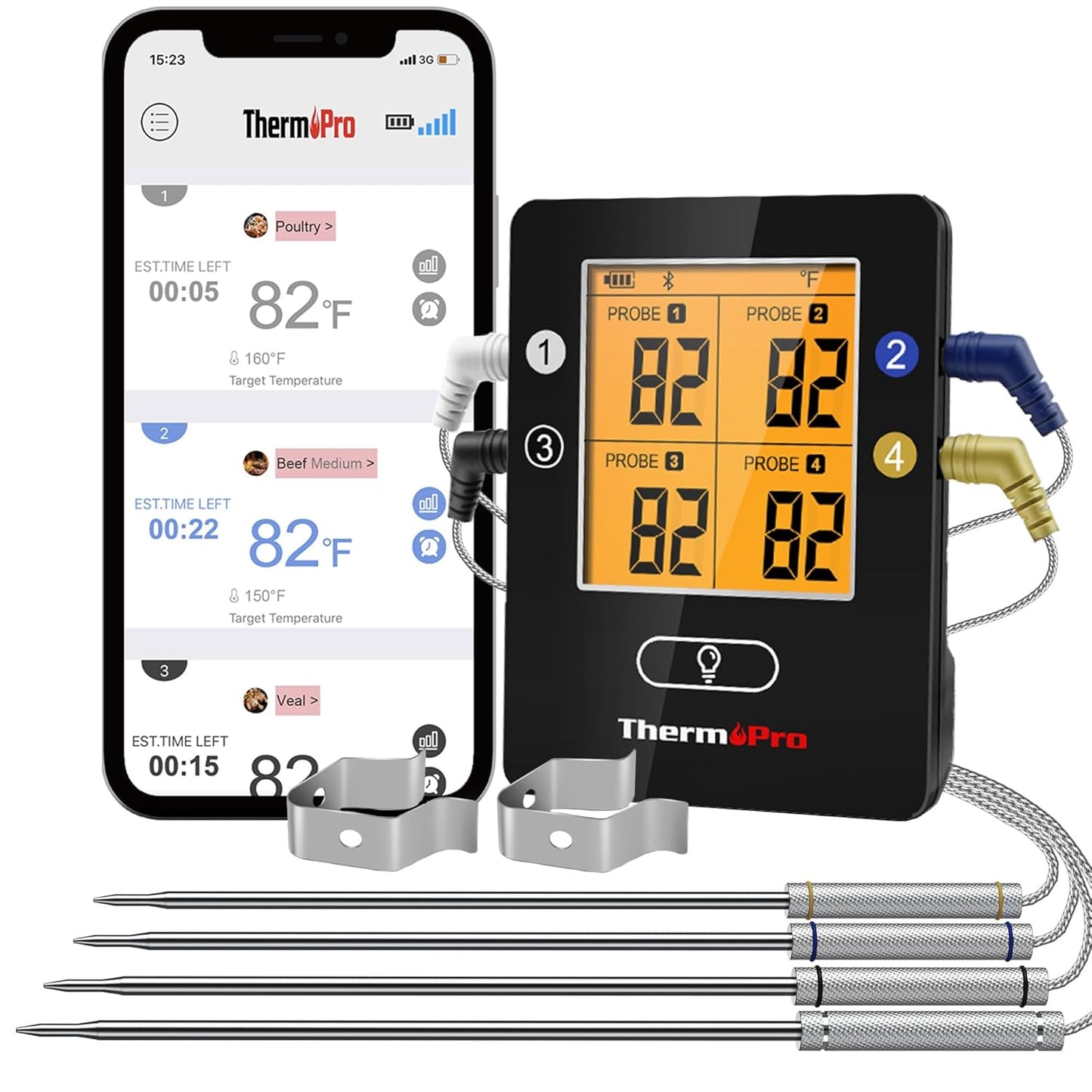 ThermoPro TP25 650FT Bluetooth Meat Thermometer with 4-Probes, Smart Rechargeable Wireless Meat Thermometer for Grilling, Smoker, Oven, Kitchen, BBQ Thermometer with Alarm, Temperature Graph, Black
