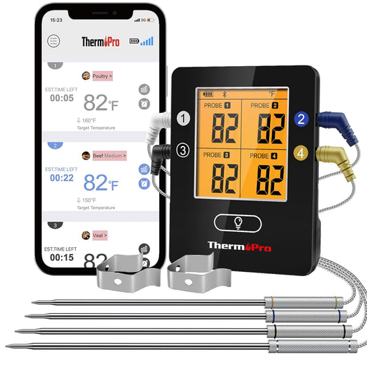 ThermoPro TP25 650FT Bluetooth Meat Thermometer with 4-Probes, Smart Rechargeable Wireless Meat Thermometer for Grilling, Smoker, Oven, Kitchen, BBQ Thermometer with Alarm, Temperature Graph, Black
