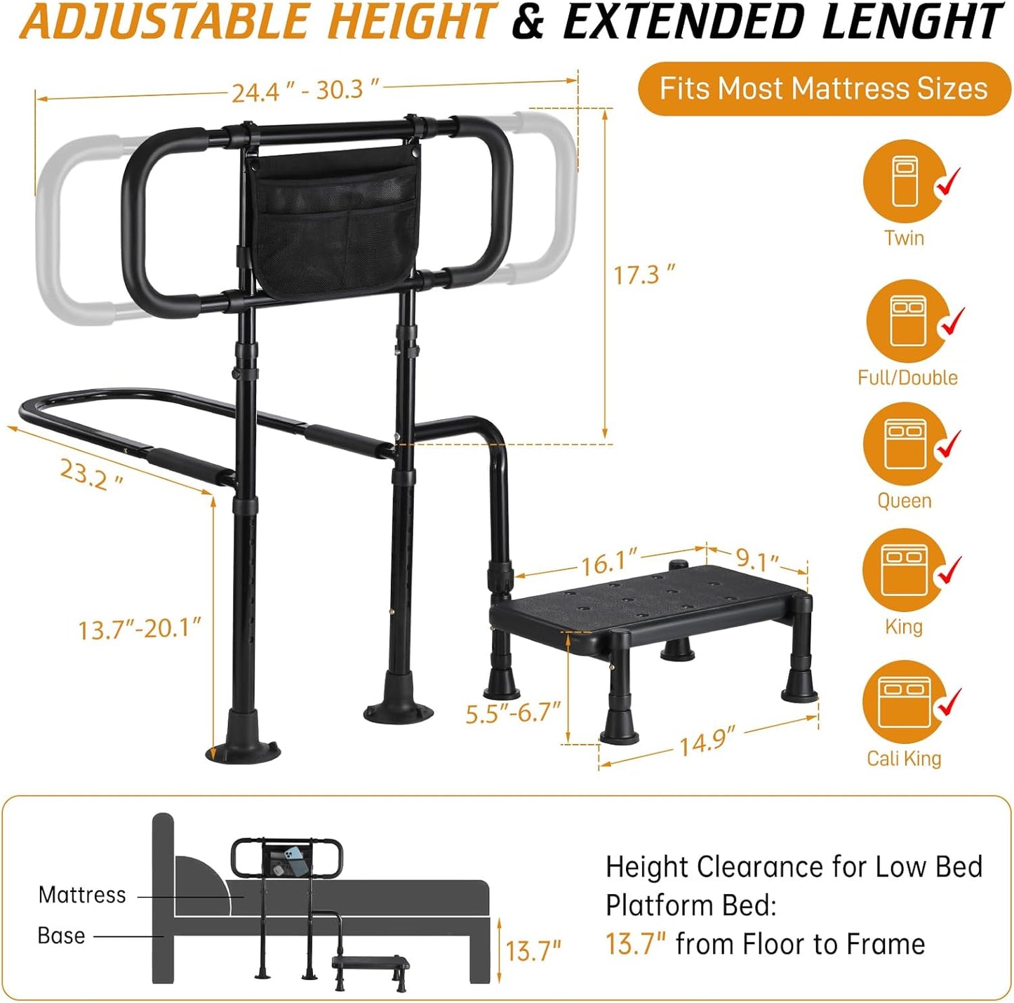 Bed Rails for Elderly Adults Safety, Step Stool with Handle for Ederly - Extended Bed Assist Rail for Seniors with Storage Bag - Adjustable Bed Side Rails Foot Stool, Fits Twin Full Queen King