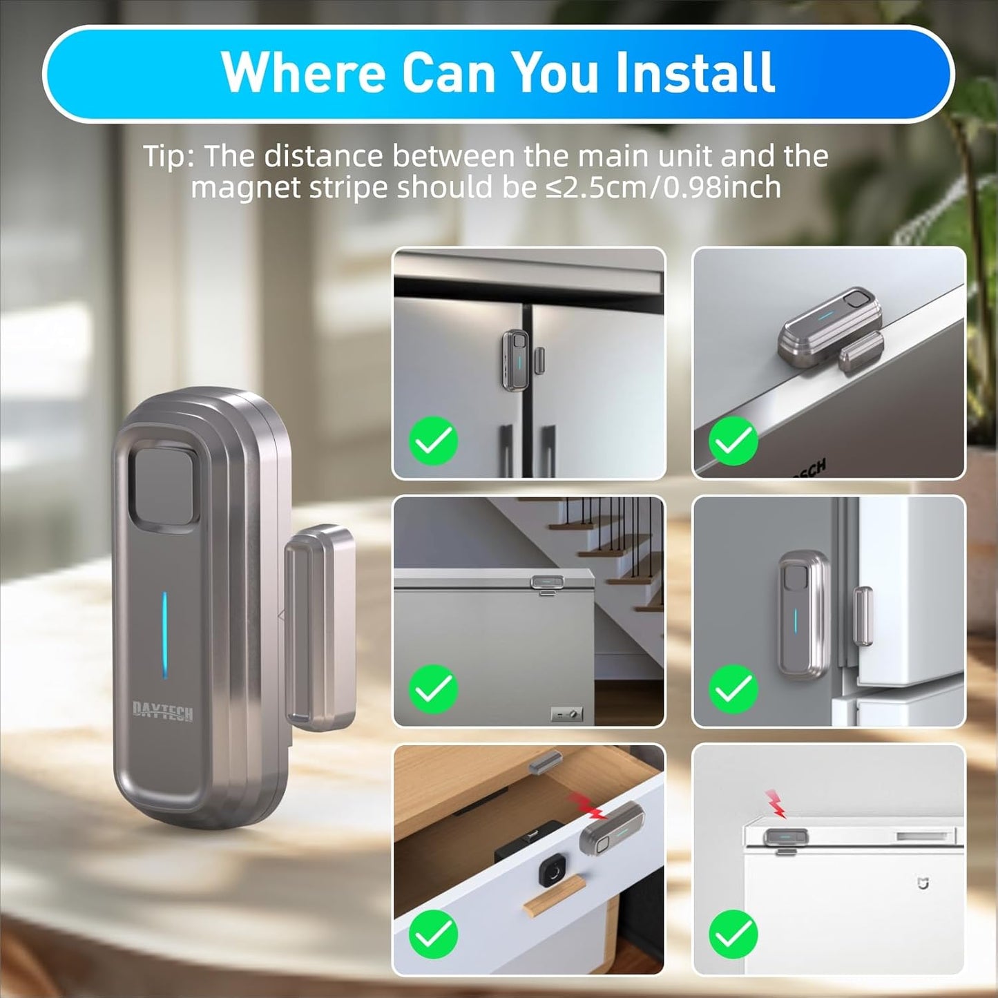 Daytech Refrigerator & Freezer Door Alarm - Adjustable 1-4 Minute Delay, 0-120dB Adjustable Siren, Door/Window Sensor for Home or Business (5 Pack, Gray)