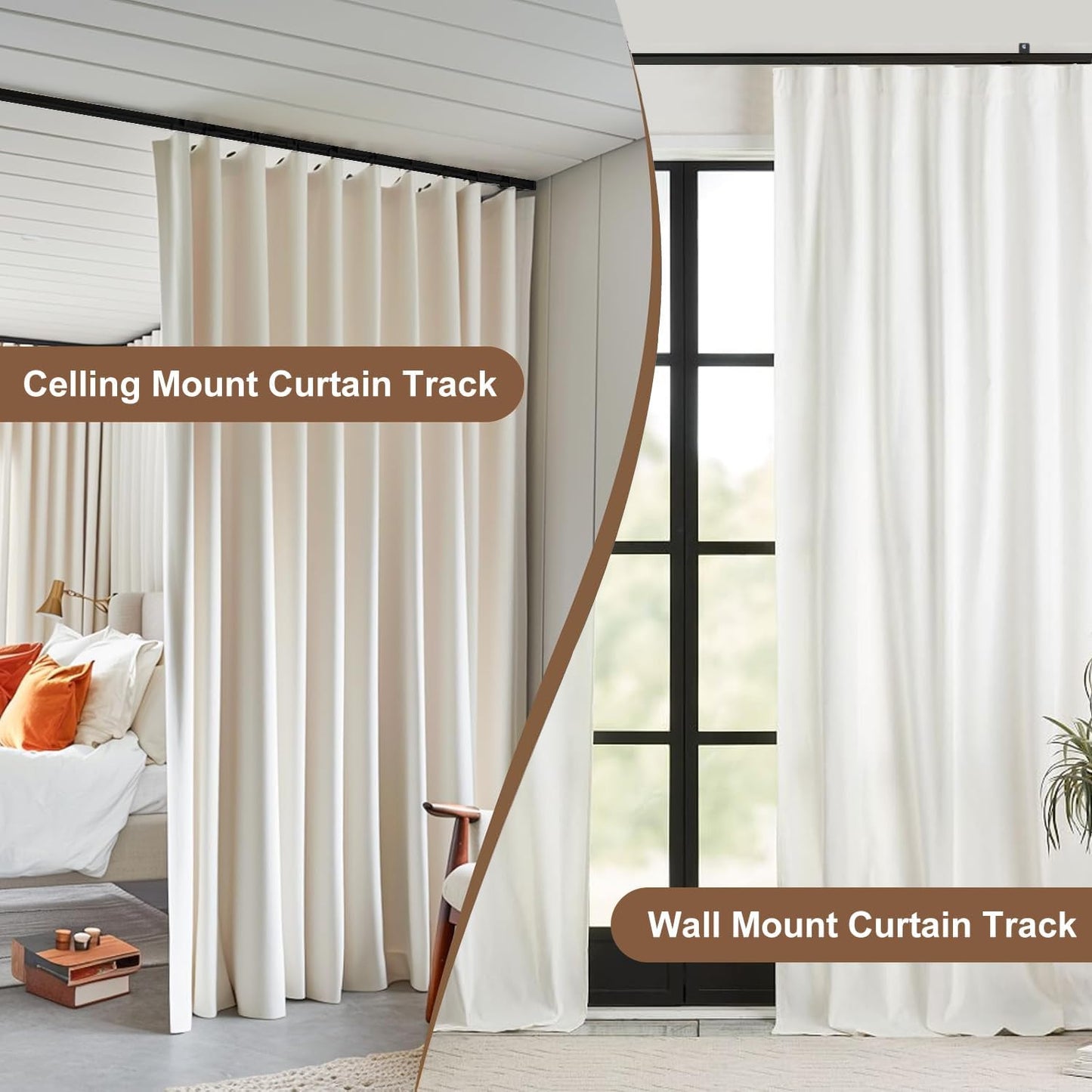 Ceiling Mount Curtains Track Room Divider Privacy Partition Separator Curtain Tracks Rods Heavy Duty RV Shower Outdoor Rail Clip Hook Set, Black 3-9ft