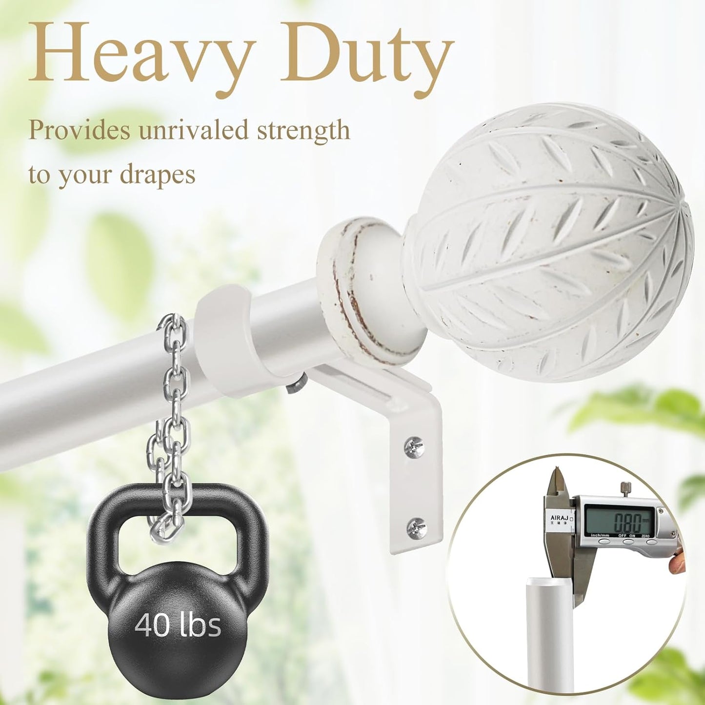 Weathered White Curtain Rod for Windows 28 to 48 Inches(2.3-4 ft)，1'' Diameter Heavy Duty Adjustable Curtain Rod with Leaf Pattern Finials - for Living Room, Bedroom,etc 18-45''