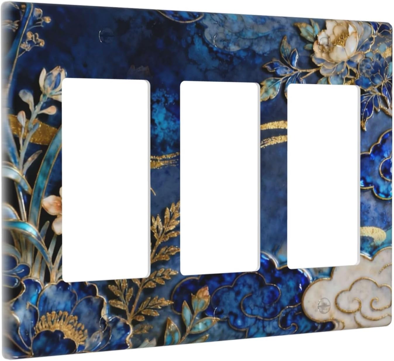 Decorative Outlet Covers Blue White Flower Gold Line Cloud 3 Gang Light Switch Cover Plate Triple Rocker Wall Plates for Electrical Outlets Switch Plate Covers for Bedroom Home Decor