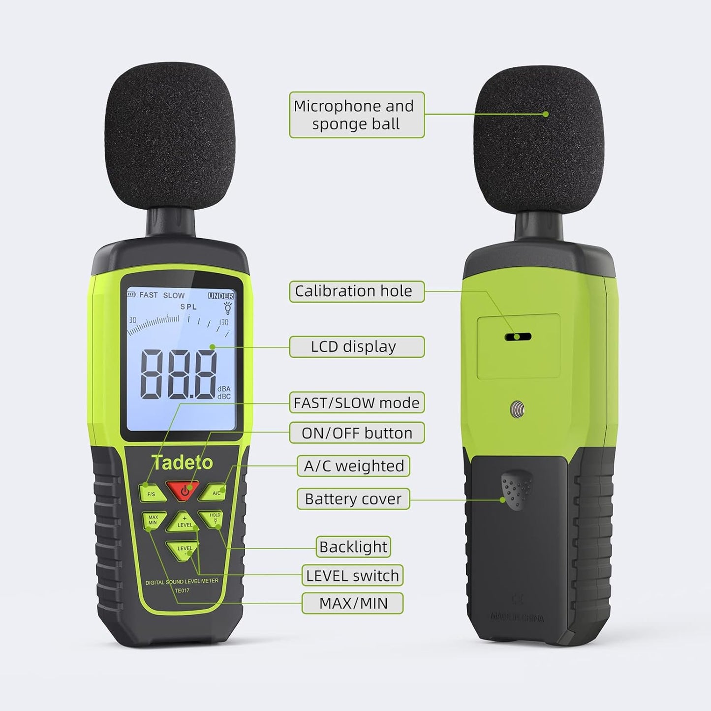 Decibel Meter, Tadeto Digital Sound Level Meter Portable SPL Meter 30dB to 130dB(5 Measurement Range) Backlight LCD Display, MAX/MIN Noise Measurement, Audible and Visual Alarms,Data Hold, A/C Mode