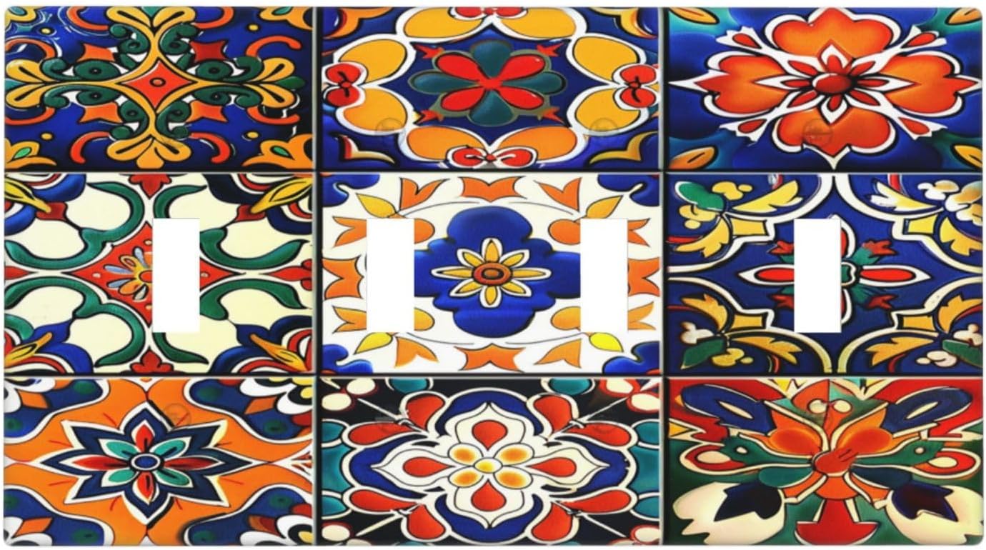 Light Switch Covers Colorful Mexican Talavera Vintage Boho Floral Quad Toggle Electrical Faceplate 4 Gang Wall Plate Decorative Switch Plates For Farmhouse Cabin Decor