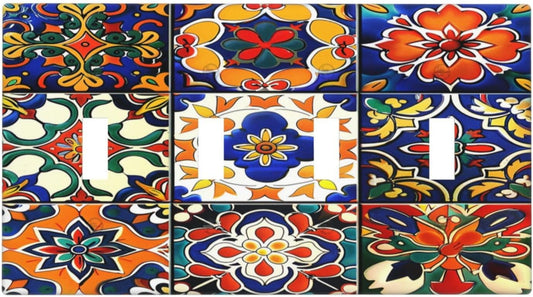 Light Switch Covers Colorful Mexican Talavera Vintage Boho Floral Quad Toggle Electrical Faceplate 4 Gang Wall Plate Decorative Switch Plates For Farmhouse Cabin Decor
