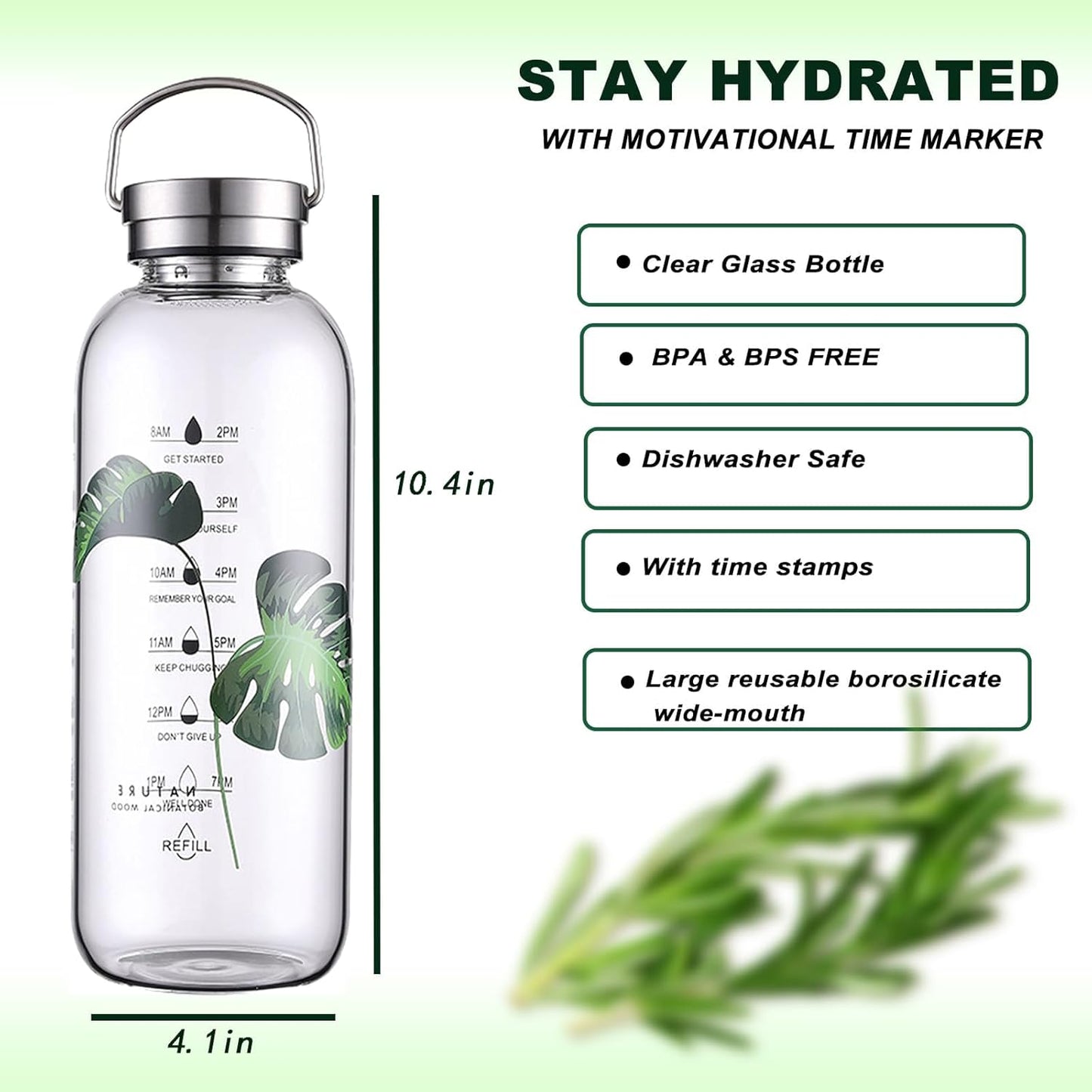50 oz Glass Water Bottle with Time Markers – 1500ml Borosilicate Sport Bottle, Stainless Steel Handle & Strainer, BPA-Free, Leak-Proof (Leaf Green, Silver Lid)