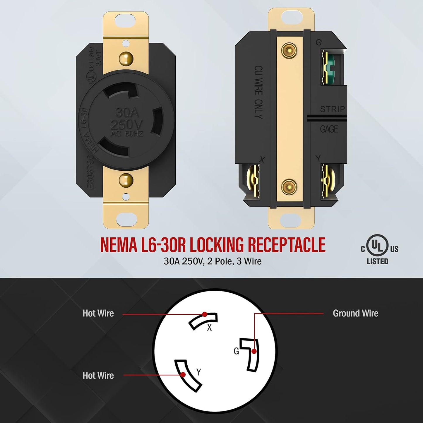 ENERLITES NEMA L6-30R Flush Mounting Locking Receptacle for Generator, Twist Lock Outlet, 30 Amp, 250 Volt, 2 Pole, 3 Wire Grounding, Industrial Grade Heavy Duty, UL Listed, 66460-BK, Black