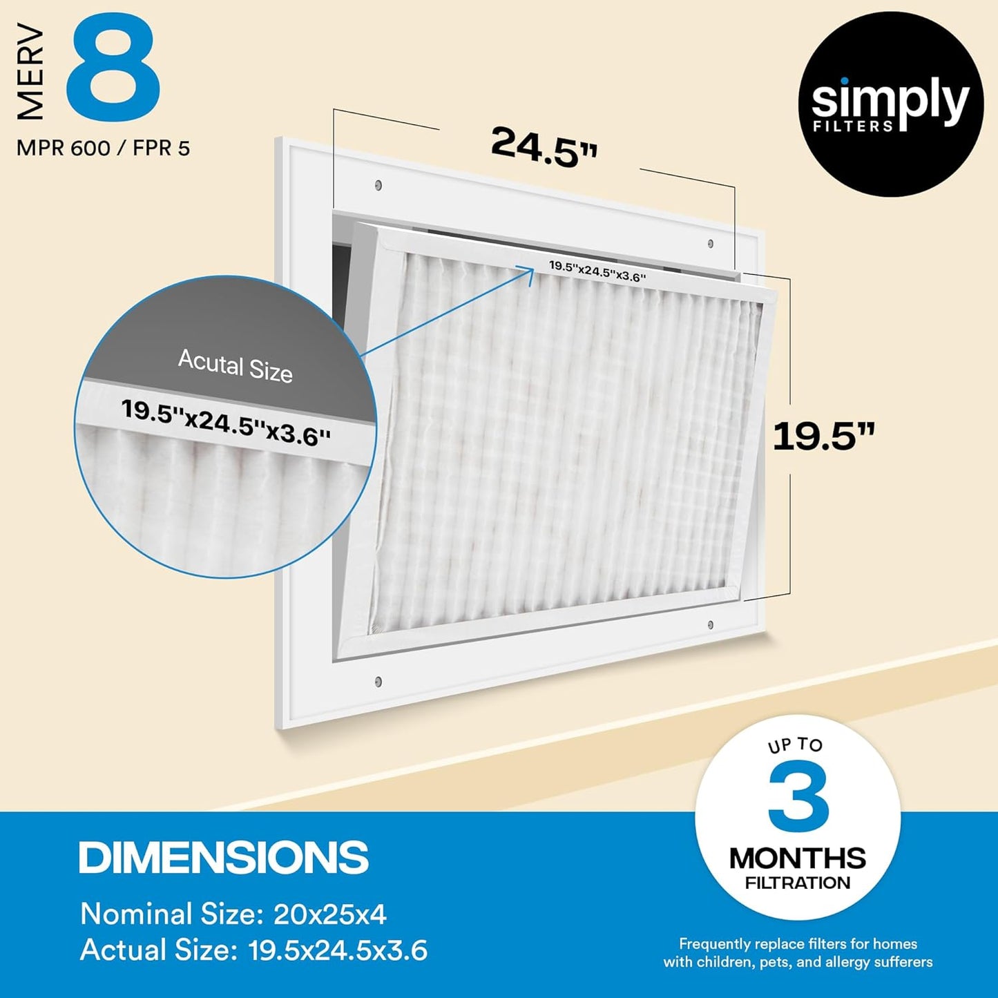 Simply 20x25x4 Air Filter, MERV 8, 6 Pack, Furnace Air Filter for HVAC (Actual Size:19.5"x24.5"x3.63") DUST, Pet, & Allergy Control