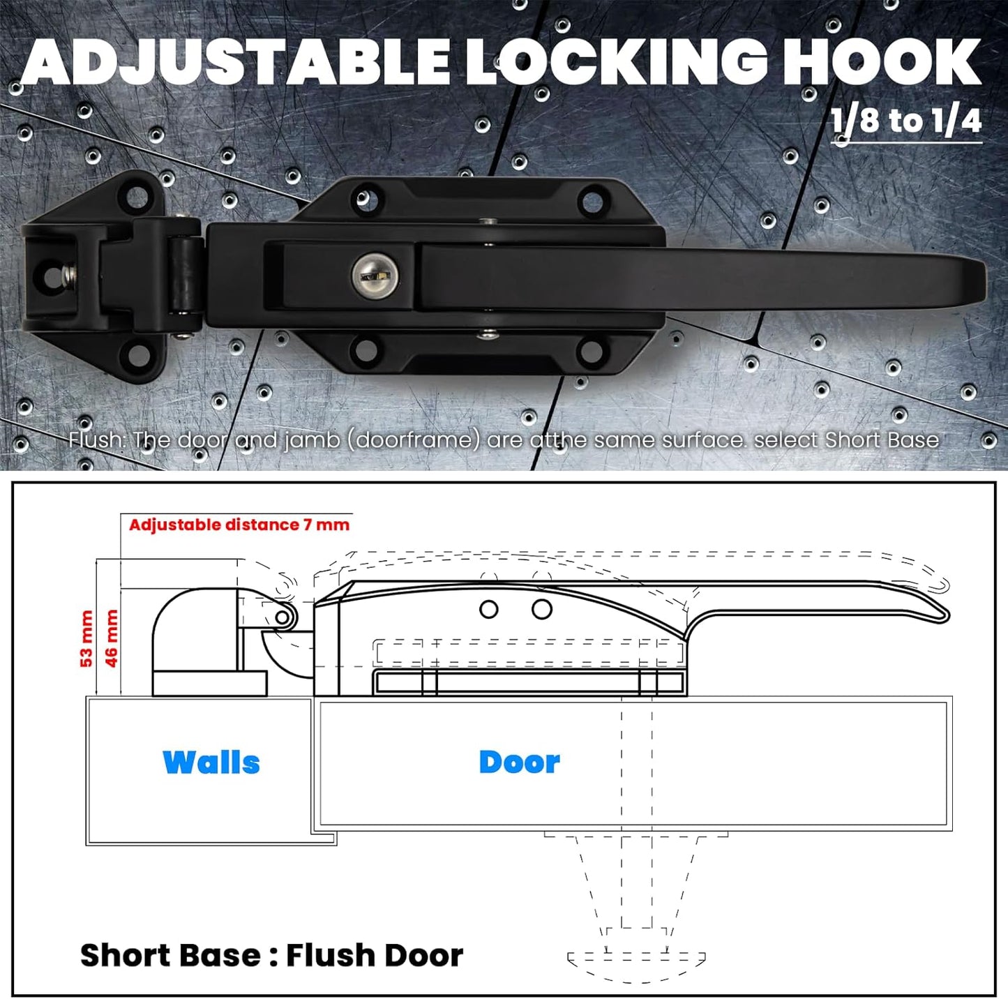 Walk in Cooler Door Handle, Walk in Cooler Door Closer Complete Latch Kit, Freezer Door Handle, Offset -1/8 in to 1/4 in(Flush) and 5.9" Solid Metal Interior Release Handle（Frosted Black）