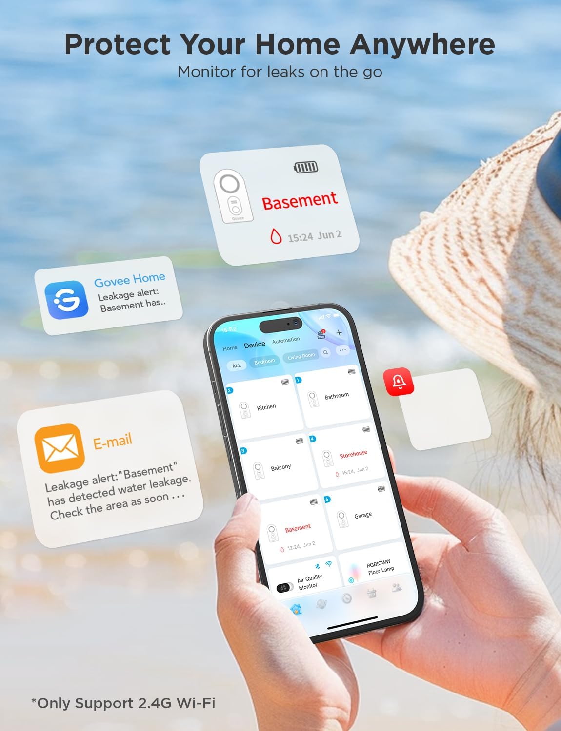 Govee WiFi Water Sensor 1 Pack, Smart Water Leak Detector, 100dB Adjustable Alarm Suit for Home and Basement, Water Leak Alert with Email & APP Push (Only Support 2.4G Wi-Fi)