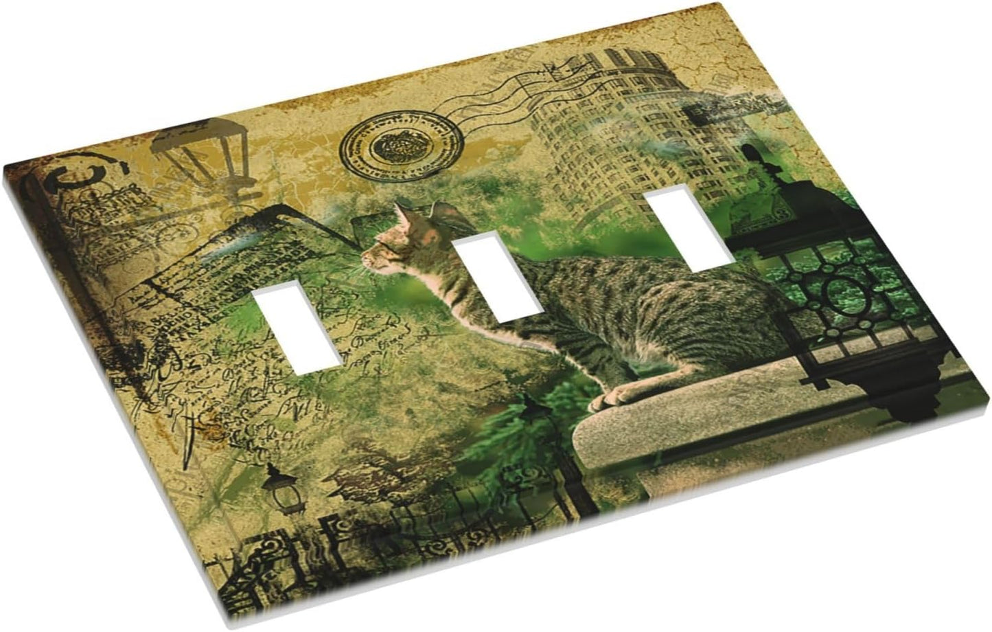 Decorative Light Switch Cover Plate Vintage Style Cat City Stamp 3 Gang Wall Plate Triple Toggle Switch Plate Covers Electrical Outlet Cover for Bedroom Home Decor