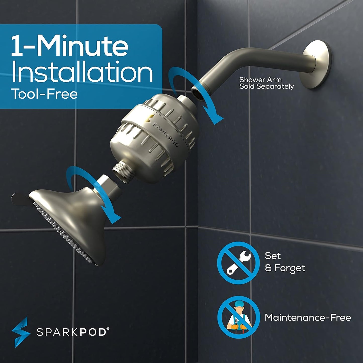 SparkPod 23-Stage Filtered Shower Head with 3 Spray Settings - High Pressure Shower Head with Filters for Dry Hair and Skin - Showerhead with Filter Reduces Chlorine & Heavy Metals (Brushed Nickel)