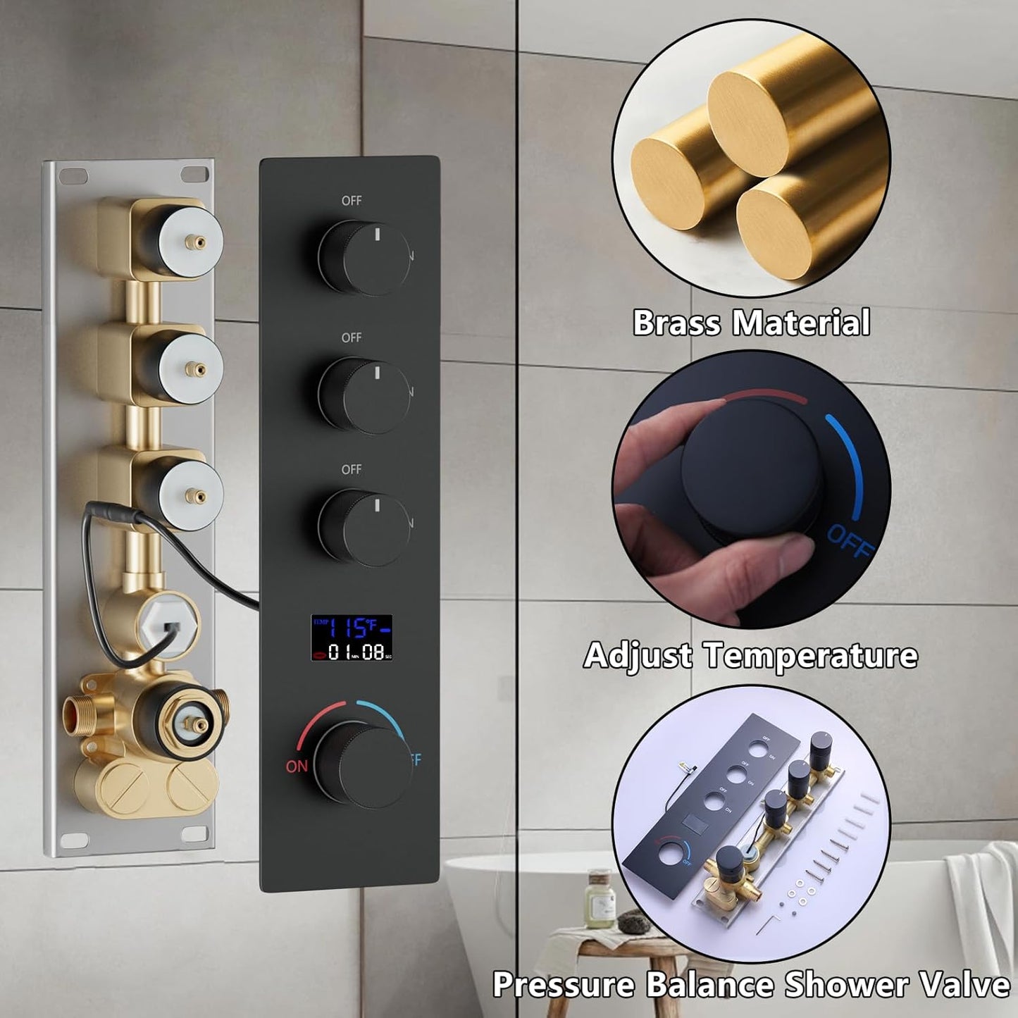 Brass Temperature Shower Diverter Valve Matte Black 3 Way Outlets Concealed Digital Display Shower Mixer Valve Kit Bathroom Shower Diverter On Off Flow Control Replacement Valve