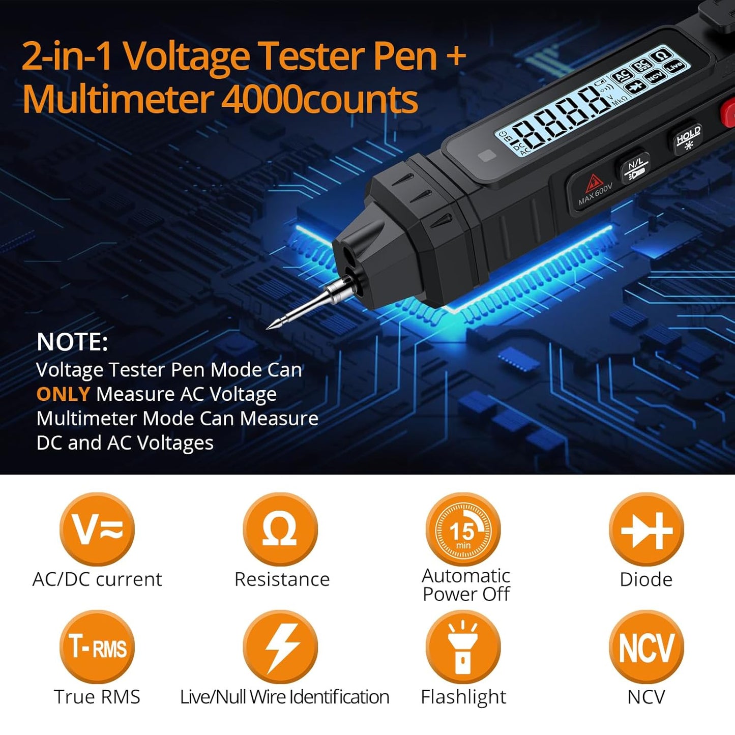 Neoteck 2 in 1 Pen Type Digital Multimeter Voltage Tester 4000 Counts Intelligent TRMS Multimeter Non-Contact Voltmeter for Testing AC/DC Voltage Resistance Continuity Capacitance Diode Live Wire