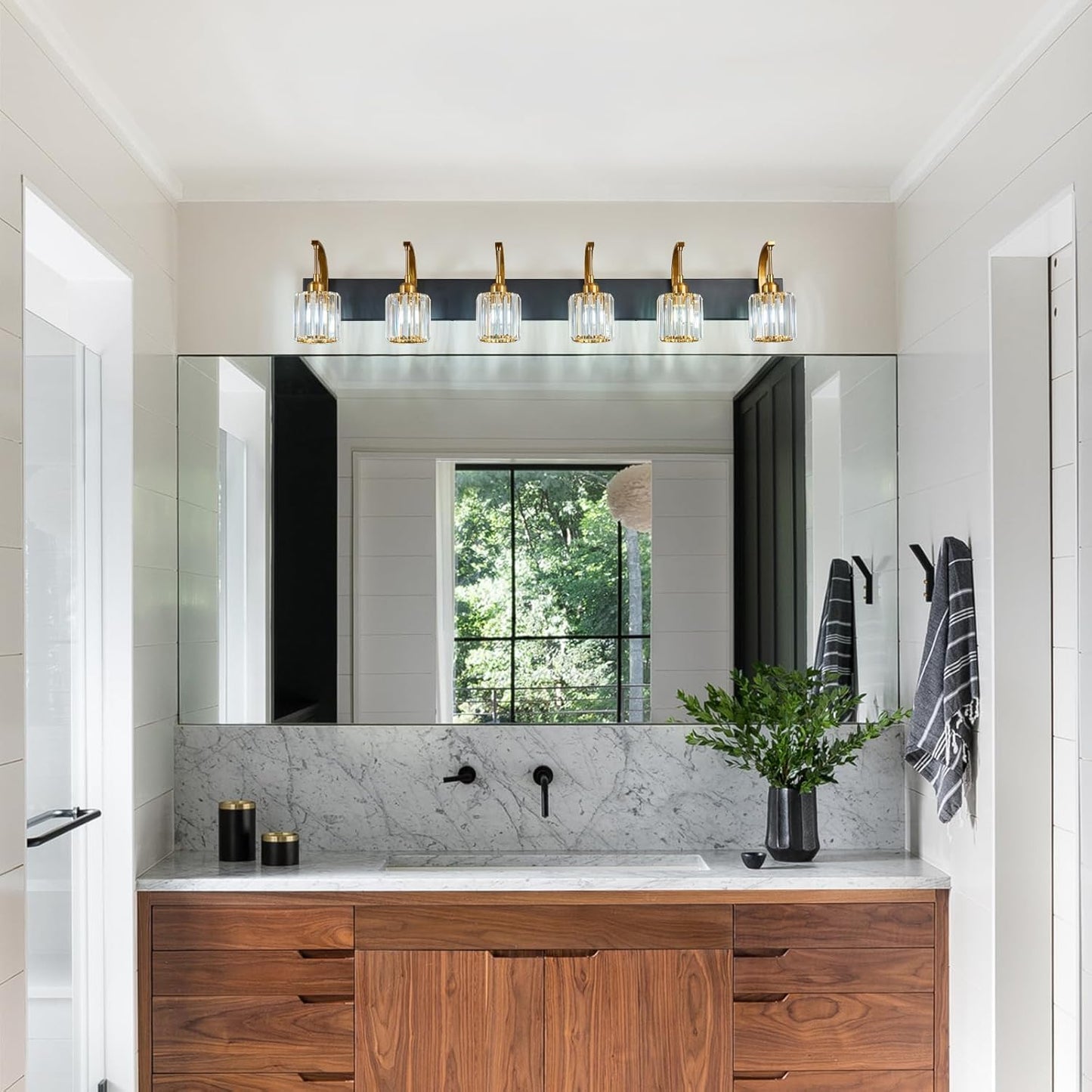 6-Light Crystal Vanity Light, Black Gold Modern Wall Sconce with K9 Crystal Shades, 51.18" Long Over Mirror Lighting for Bathroom, Makeup, Hallway, Elegant & Easy Install