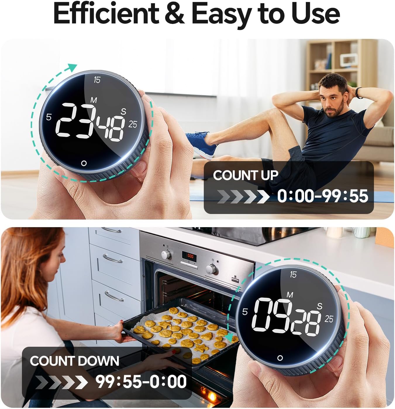 Digital Kitchen Timer, Large Display Magnetic Countdown Countup Timer, 3 Preset Times (5, 15, 25),Volume & Brightness Adjustable for Cooking Classroom Studying, Easy for Kids (Black,2Pcs)