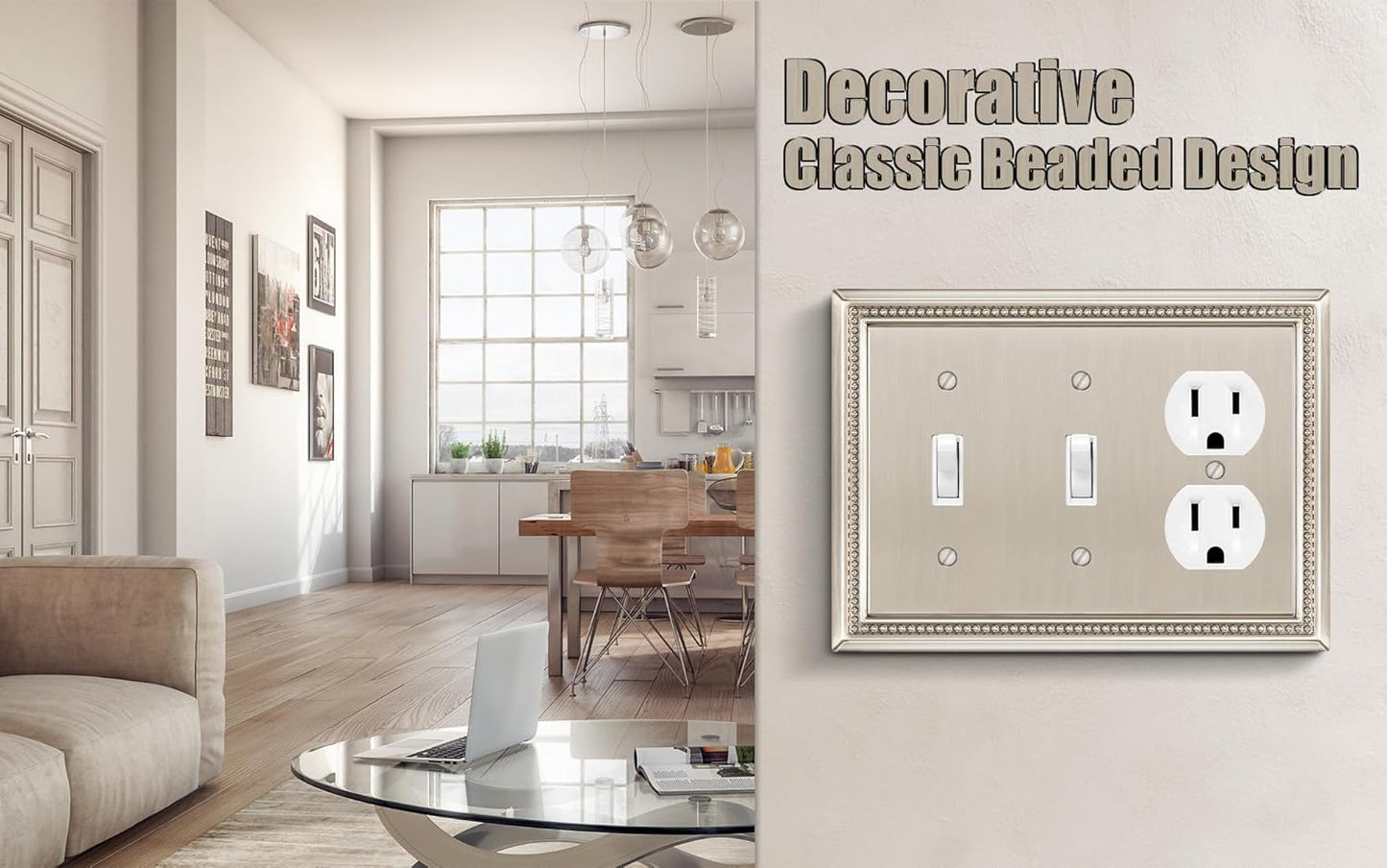 Henne Bery Sunken Pearls Heavy Duty Decorative Wall Plate Switch Plate Outlet Cover (Double Toggle/Single Duplex, Satin Nickel)
