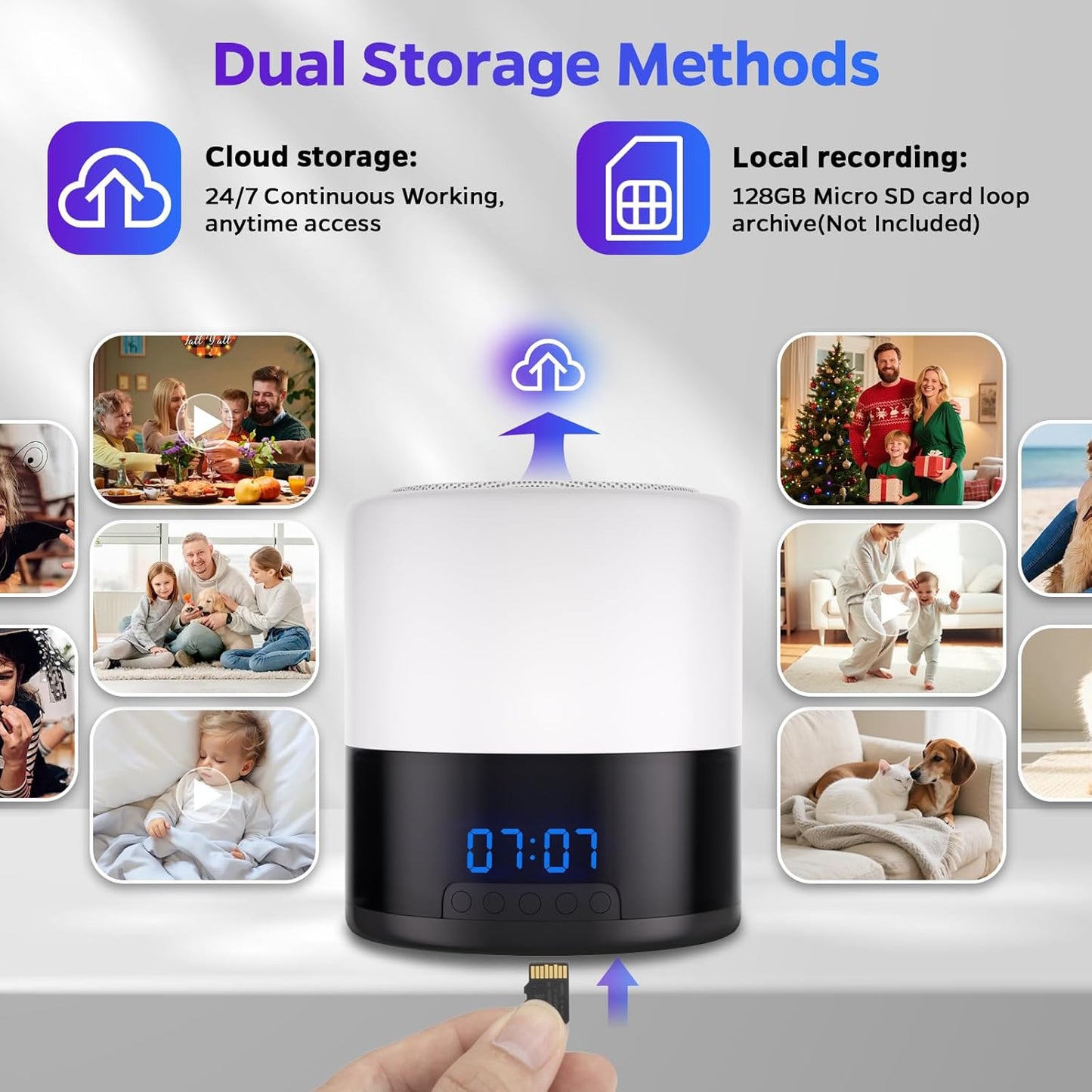 Security Camera Indoor for Home - Bluetooth Speaker - Homekit Camera - 1080P Clock Camera with 160°Rotating Viewing Angle - Night Light - AI Motion Detection
