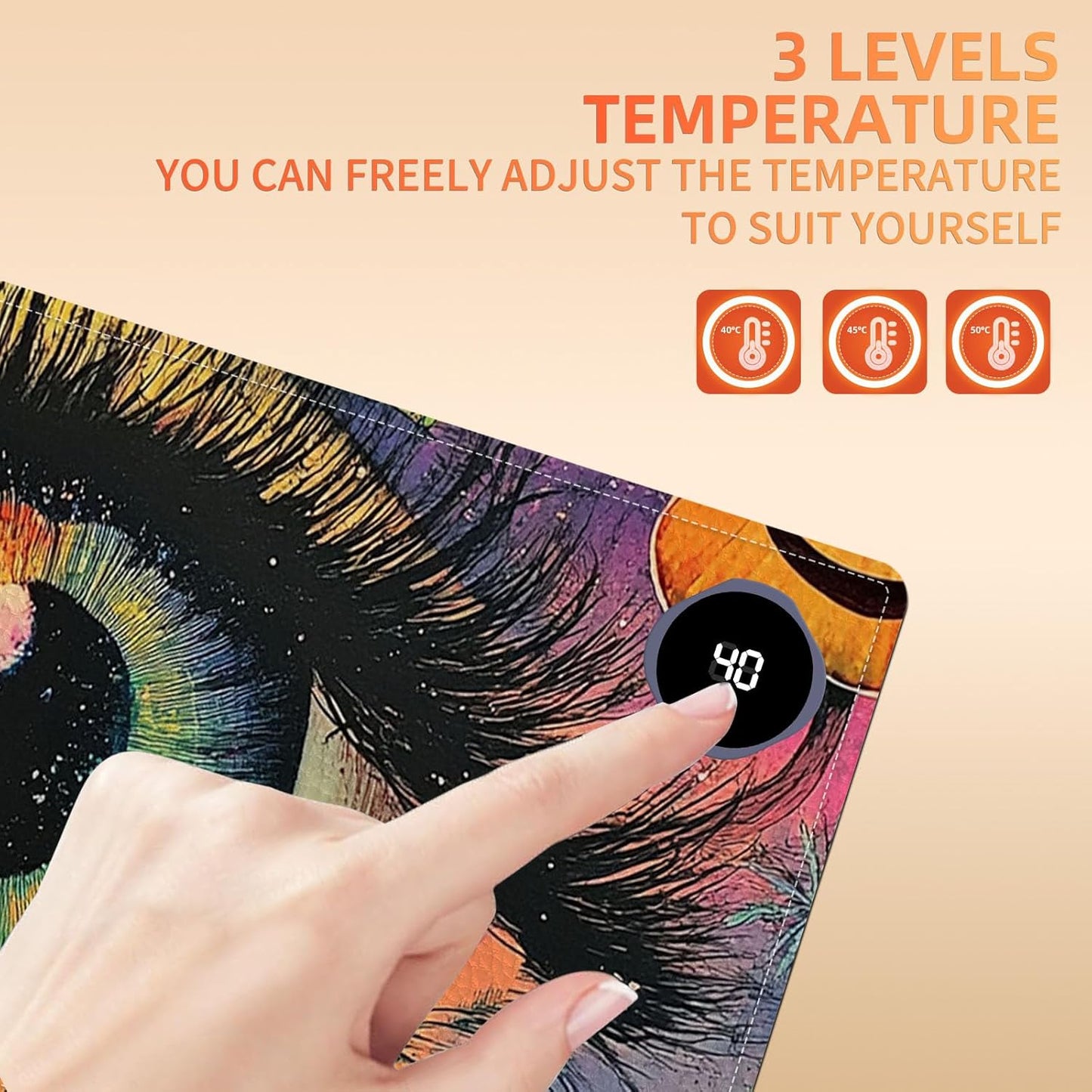 Heated Mouse Pad 31.5x13 in 3-Temp Fast Heating Desk Mat with Auto Timer Warmer for Hands Wrist Pain Relief Waterproof Keyboard Mat for Office, Gaming, Home, Colorful Eye Art