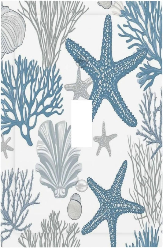 Blue Starfish Nautical Beach Conch Coastal Coral Shell Decorative Light Switch Cover 1 Gang Single Toggle Device Electrical Faceplate Switchplates Decorator Outlet Wall Plate For Kids Room Bathroom