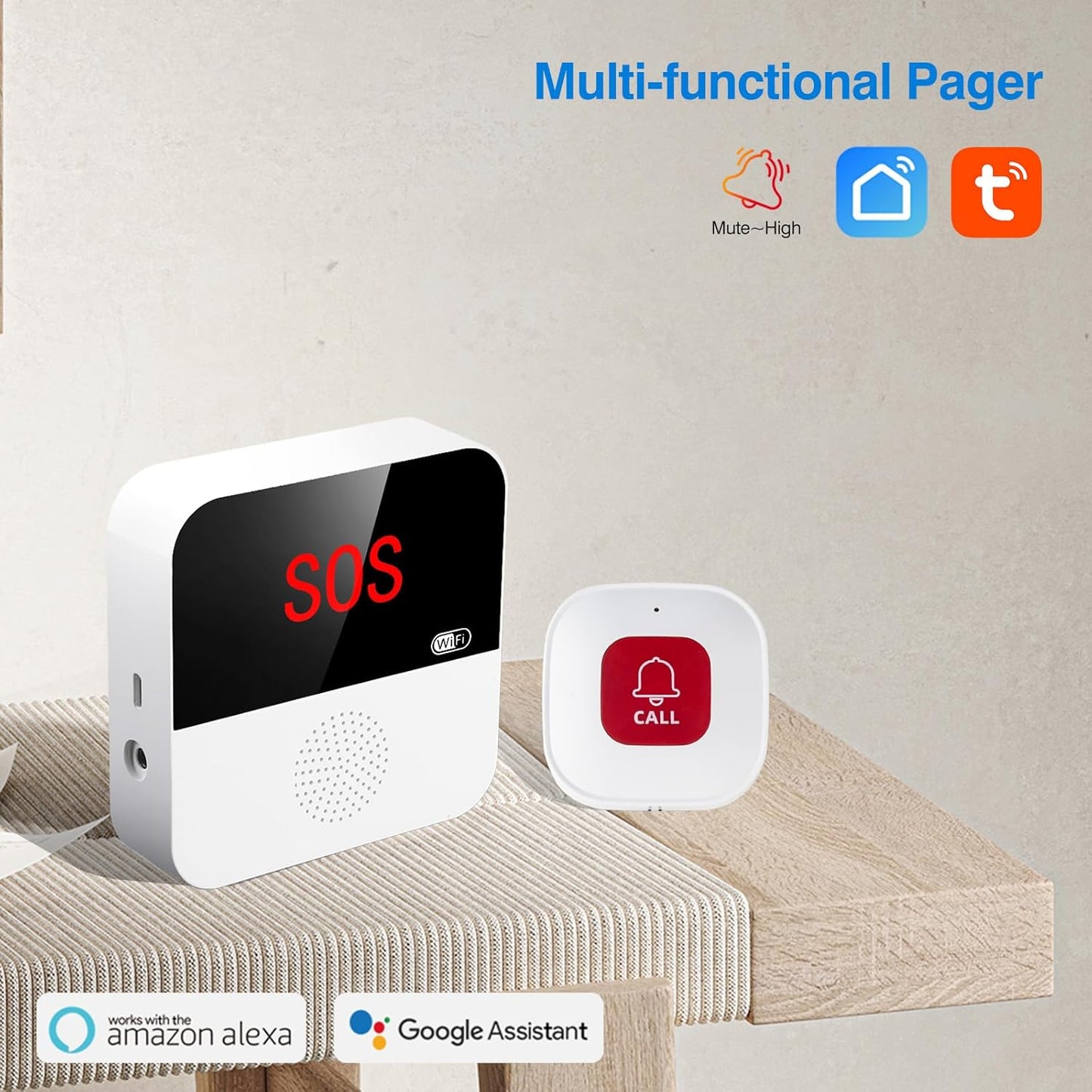 WiFi Elderly Monitoring, Caregiver Pagers Life Alert Systems for Seniors no Monthly Fee, 1 Receiver & 1 Panic Button, Compatible with Tuya Smart/Smart Life APP (Only Supports Wi-Fi 2.4GHz )