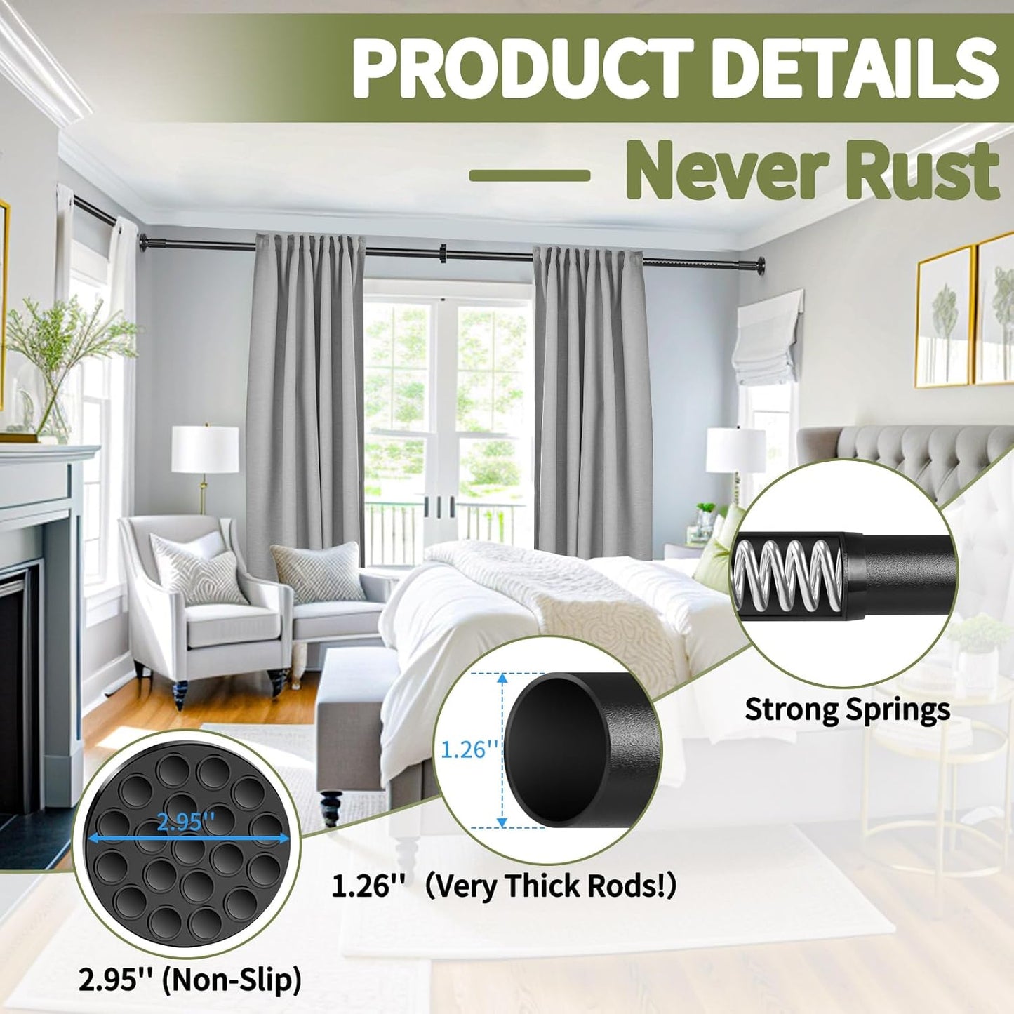 Tension Curtain Rod 51-145In(4.25-12.08Ft), Extra Long Curtain Rod No Drilling for Window or Bathroom Patio, Adjustable Spring Shower Curtain Rod, Easy to Install Never Rust Rod Diameter 1.26In-Black