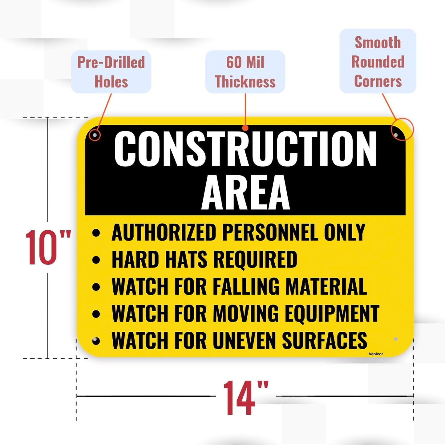 1PC Construction Area Sign, 14 x 10 Inches - Aluminum - Danger Zone Under Construction Safety Site Signs For Jobsites