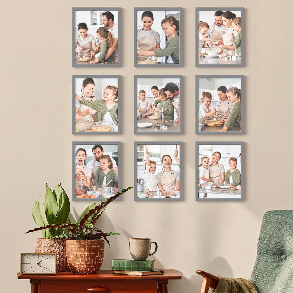 Renditions Gallery Set of 9, 8X10 Custom Photo Prints with Real Wood Picture Frames. Create Personalized Photos with Peel & Stick Photo Frames. Gray Frame
