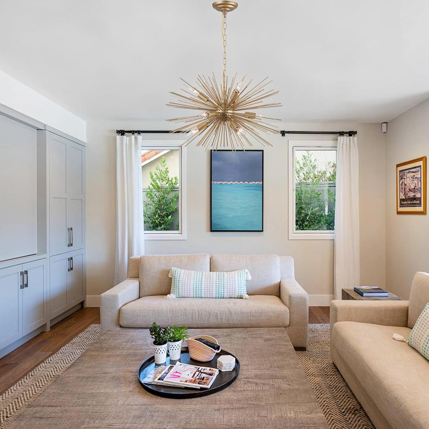 Modern Starburst Chandelier:9 Lights Gold Sputnik Light Fixture for Dining Room Living Room,Bedroom, Kitchen Room, Entryway,Foyer,24in