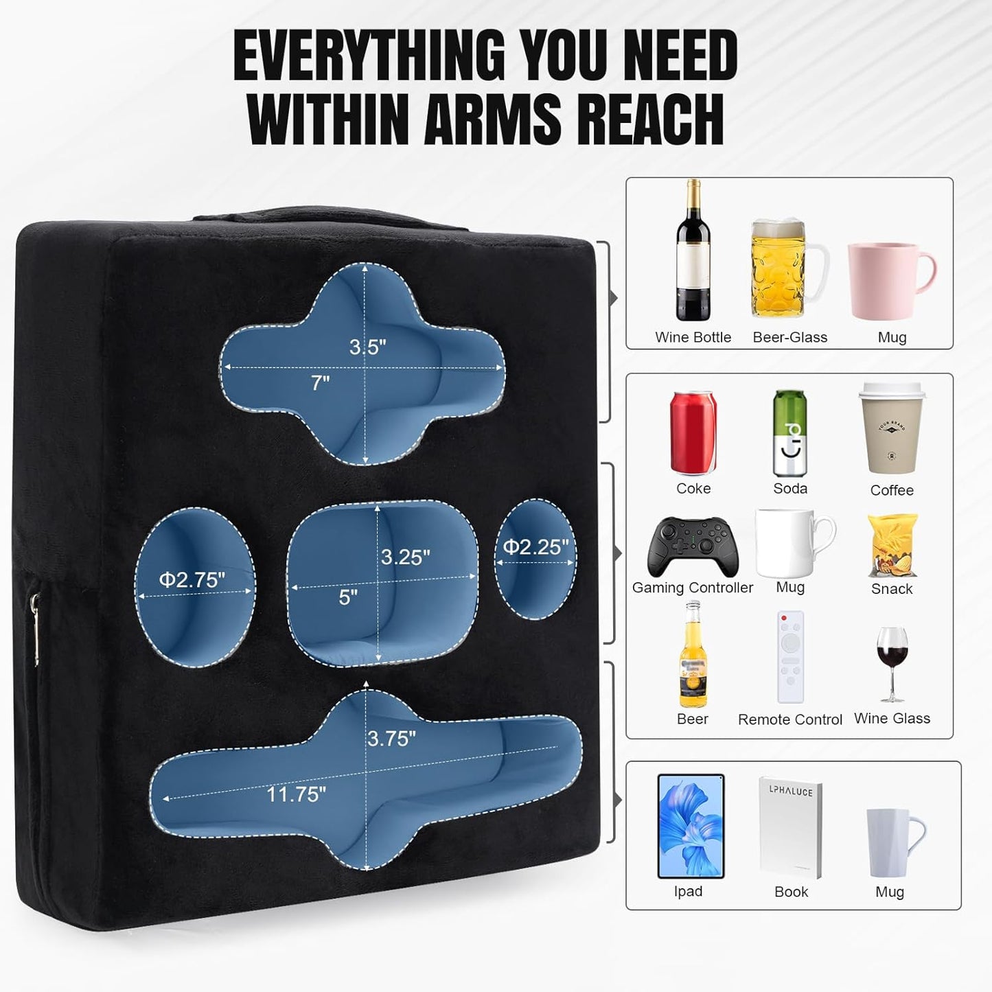 STBoo Couch Cup Holder Pillow Tray - Sofa Drink Cup Holder Cozy Buddy | Bed Caddy Organizer for Remote, Snacks Beverage, Phones, Tablet | Use it on Car, Pack, Beach, RV, Boat, Bedroom (Black)