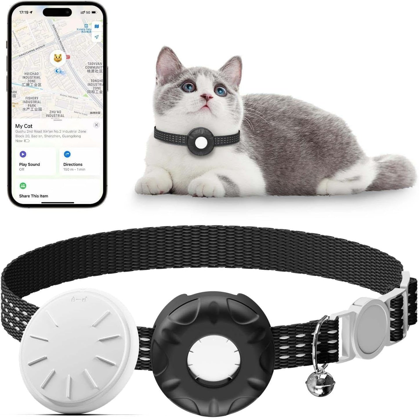 Cat GPS Tracker, Waterproof Pet Tracker for Cats, Cat GPS Tracker Collar with Safety Elastic Buckle, Works with Any Collar,Compatible with Apple Find My App (Only iOS), No Monthly Fee, Black