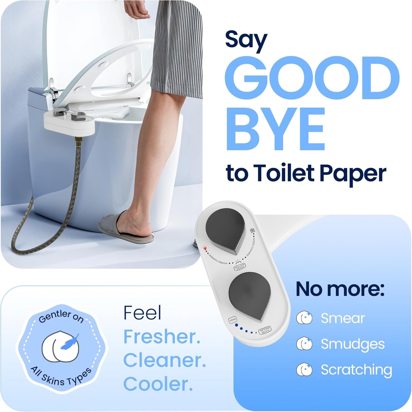 CLEAR REAR Bidet Attachment for Toilet Seat - Non-Electric, Self-Cleaning Dual Nozzle, Adjustable Water Pressure, Rear & Feminine Wash, Toilet Bidet Hygienic Bathroom Upgrade (White)