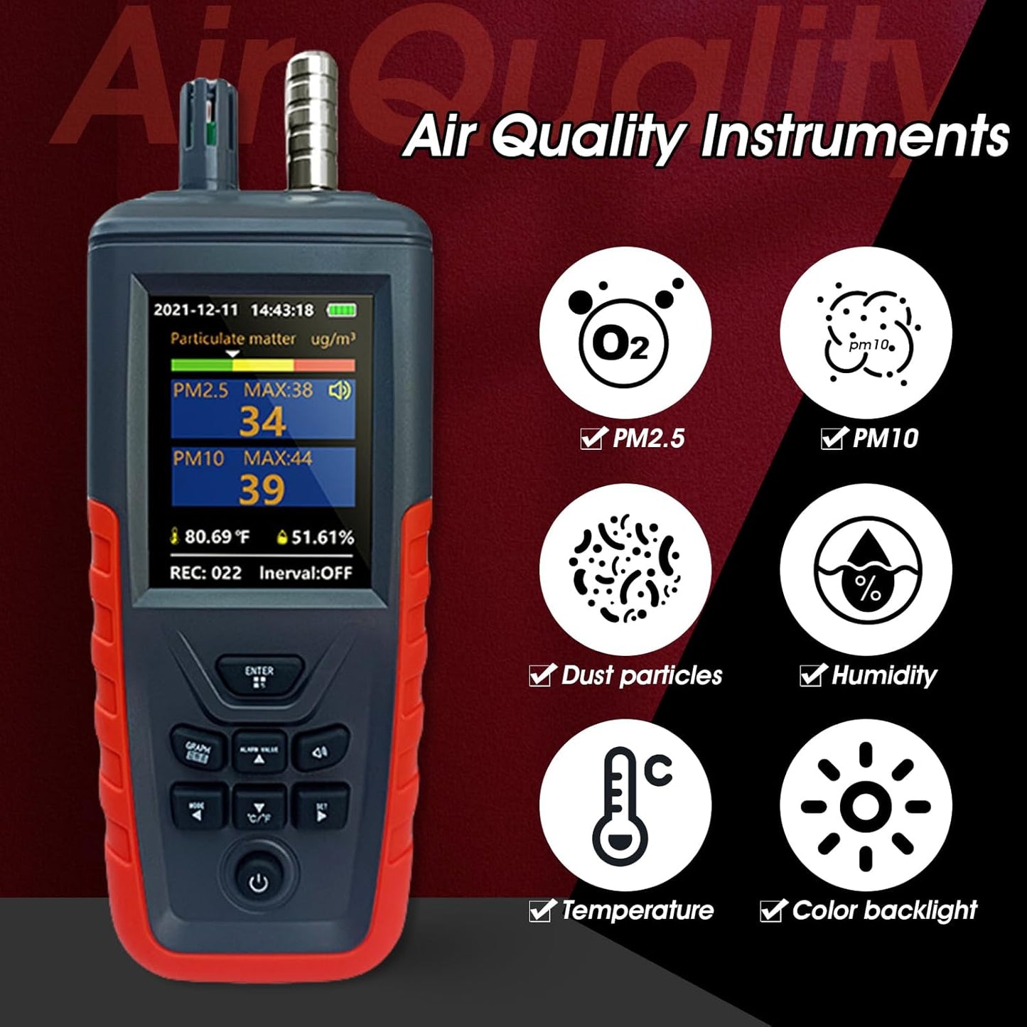 Air Quality Monitor Dust Particle Counter Indoor, Home Air Quality Sensitivity Test 6-Channel Pm0.3/0.5/1.0/2.5/5/10 Um Tester with Temperature/Humidity Monitor/USB Recharge Data Transfer/Storage