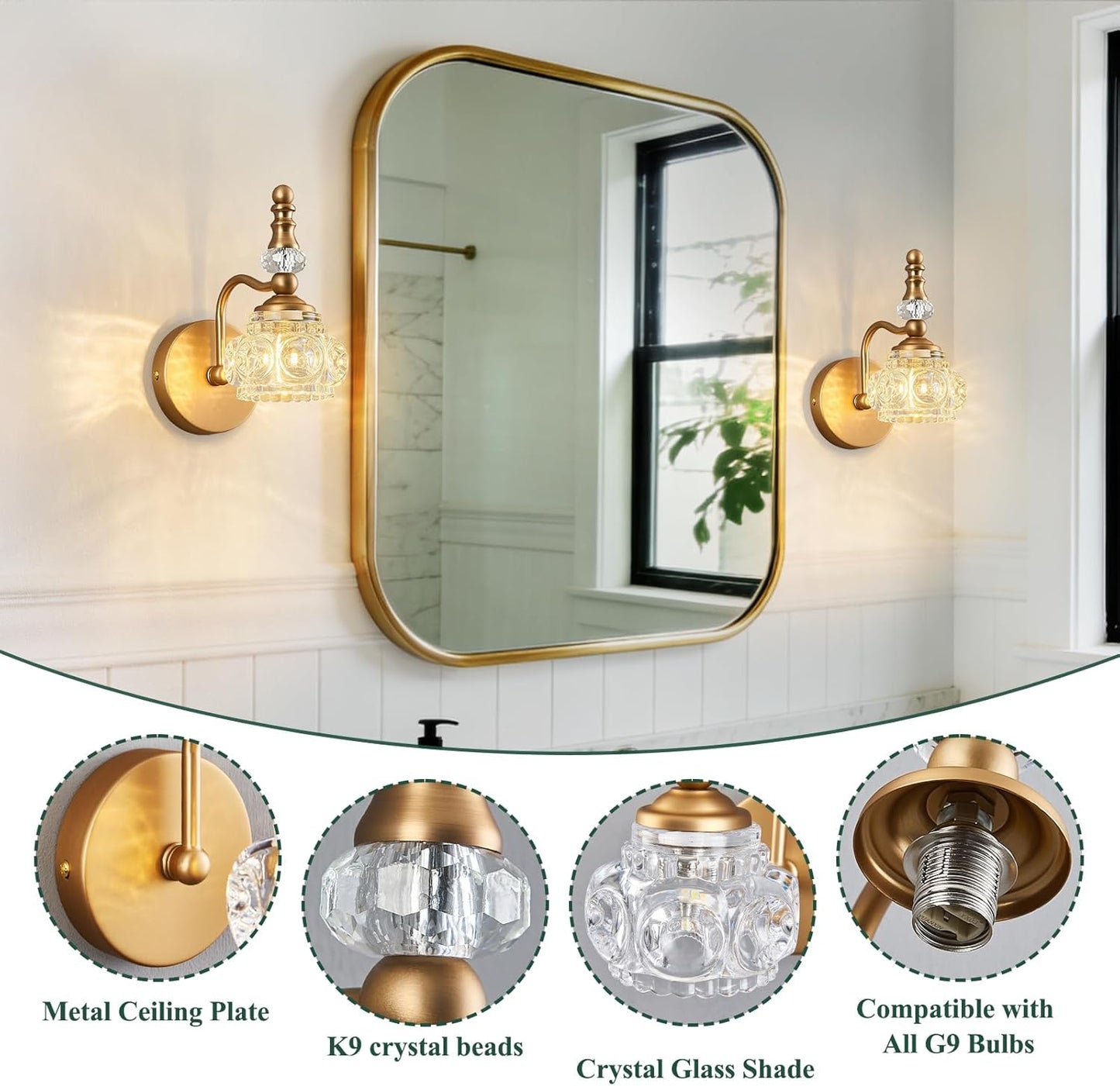 Modern Glass Crystal Vanity Light - Vintage Bathroom Lighting Fixtures Over Mirror, 2 Pack Vanity Lights G9 Bulb (7.87 Inch,Brass)