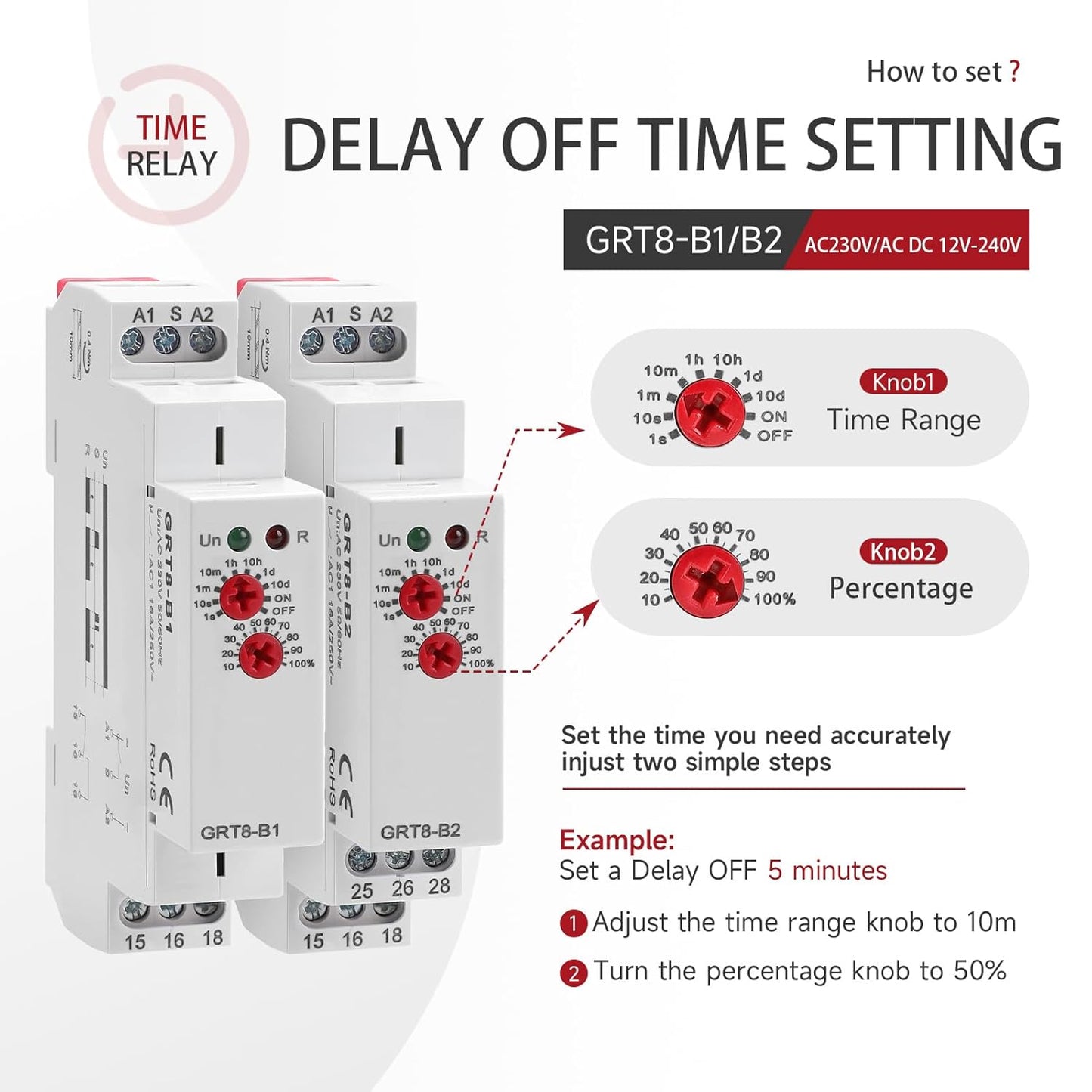 Delay Off Time Relay 16A Adjustable Smart Relay GRT8-B1, Delay Turn Off Electronic Timer in Din Rail, 0.1s-10 Days Wide Range Delay Factory Automation Time Universal Voltage AC DC 12V-240V